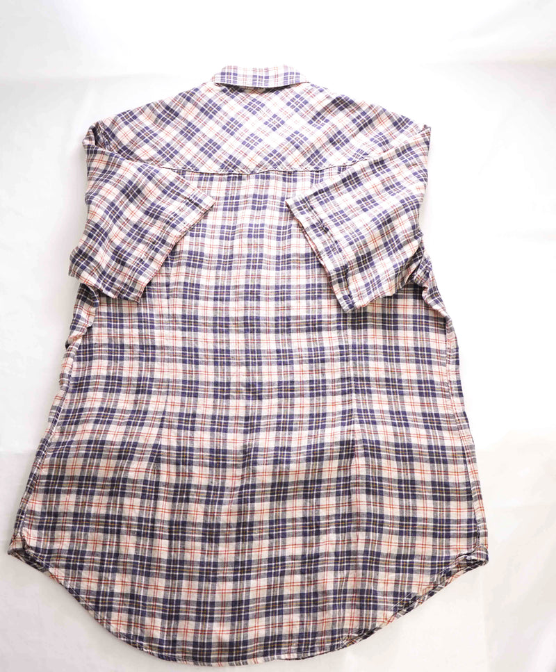 $395 ELEVENTY - Blue Check Plaid *PURE LINEN* Snap Front SS Shirt - M