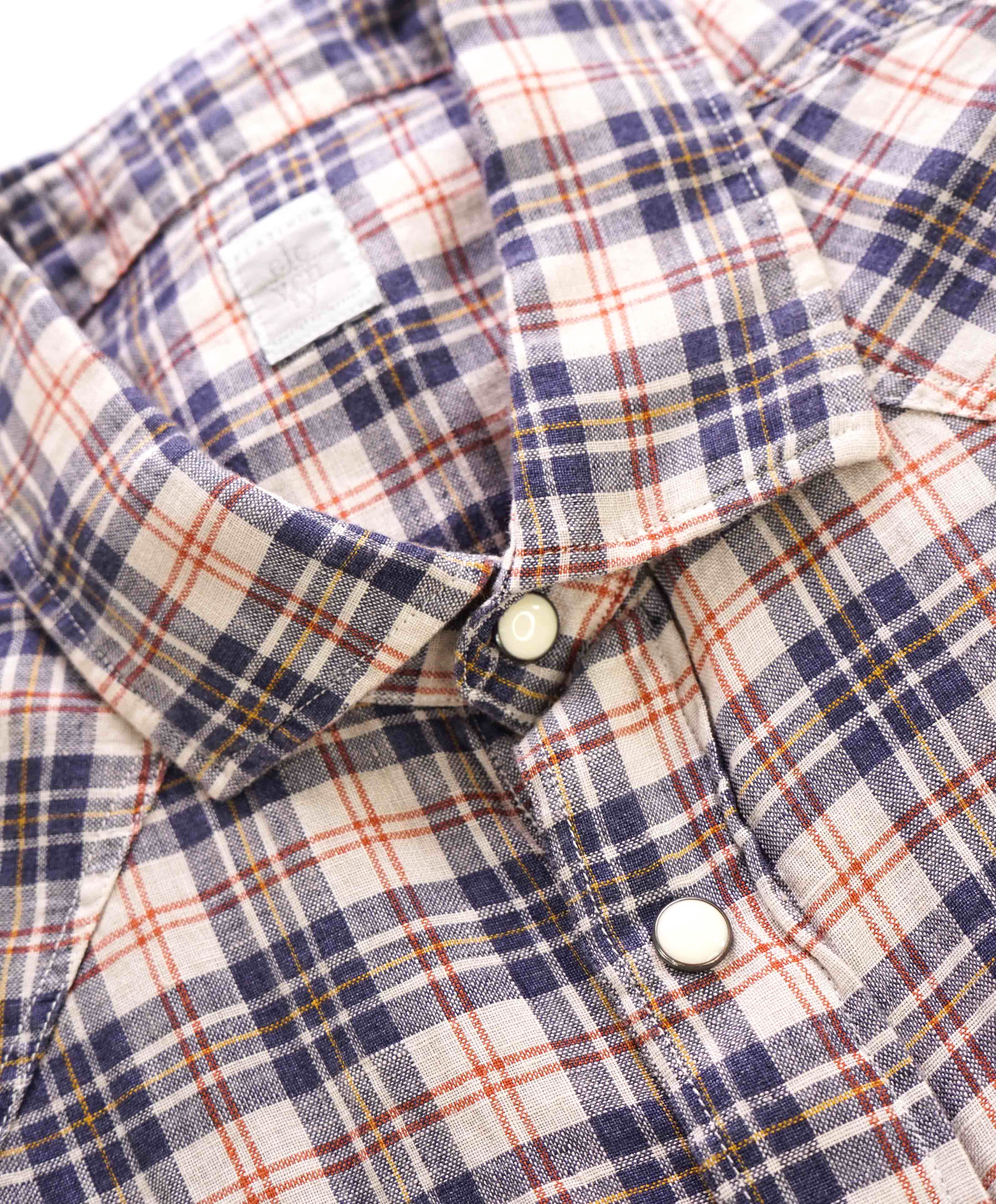 $395 ELEVENTY - Blue Check Plaid *PURE LINEN* Snap Front SS Shirt - M