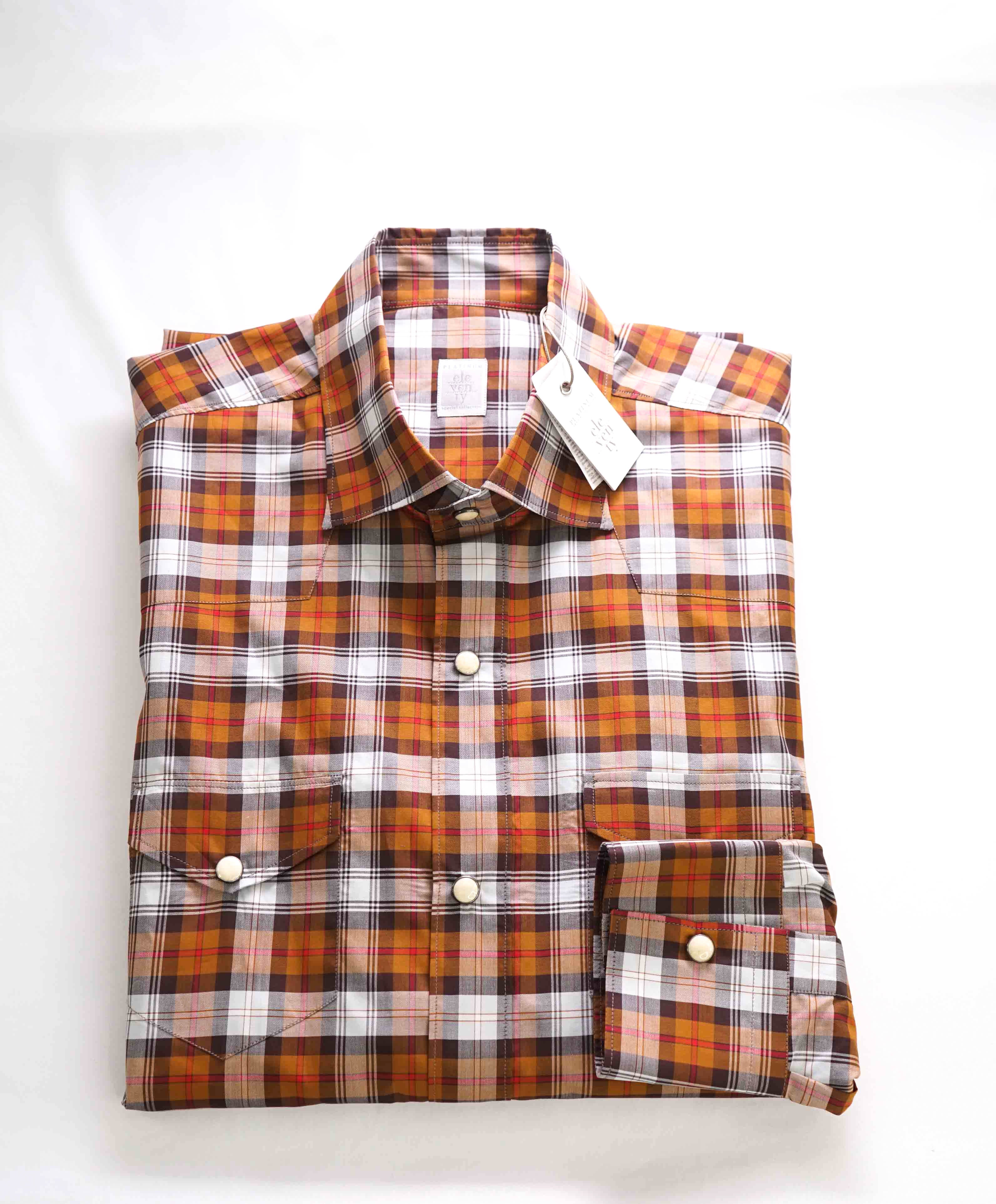 $395 ELEVENTY - Brown Check Plaid *Wide Spread Collar* Snap Shirt - M