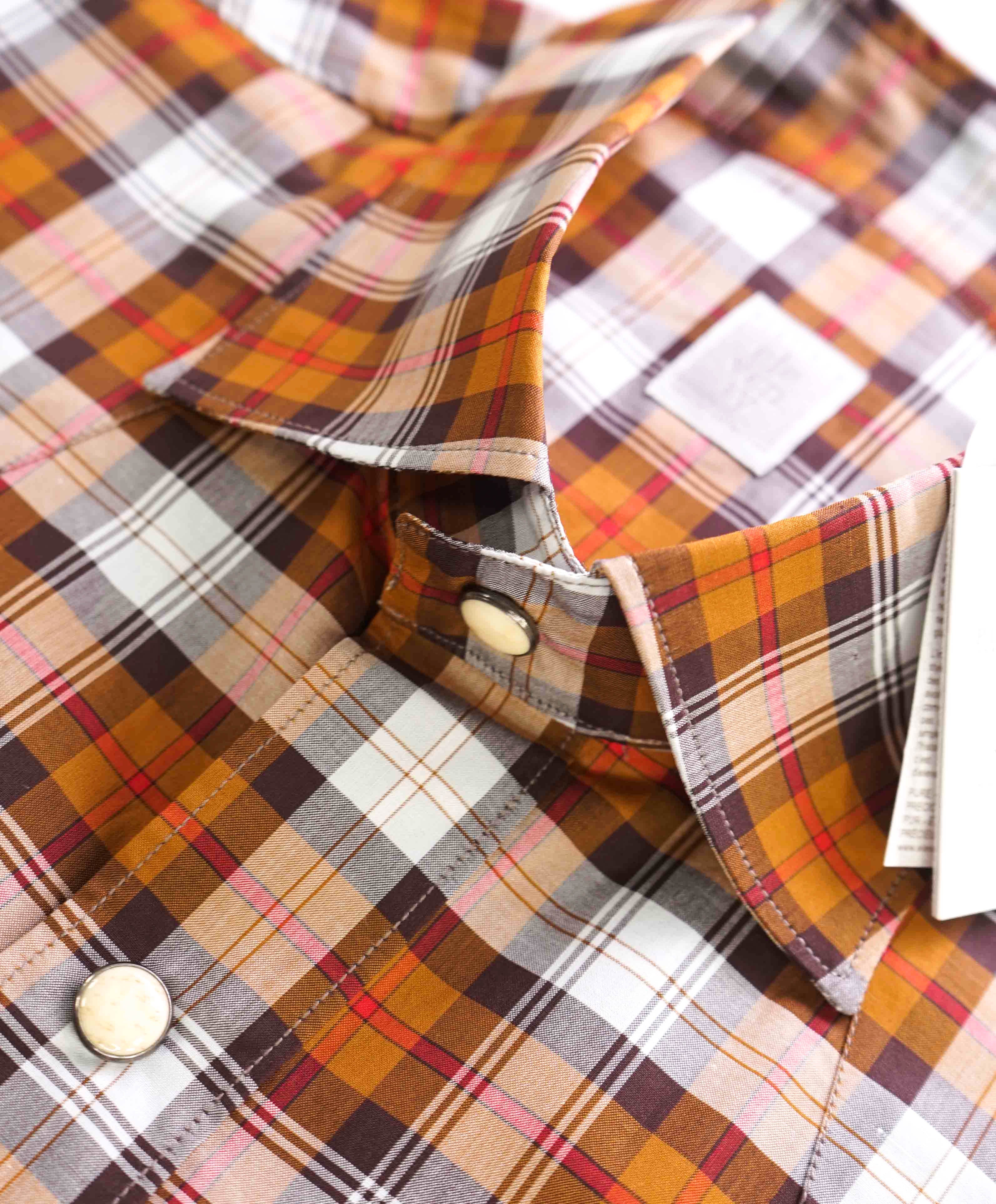 $395 ELEVENTY - Brown Check Plaid *Wide Spread Collar* Snap Shirt - M