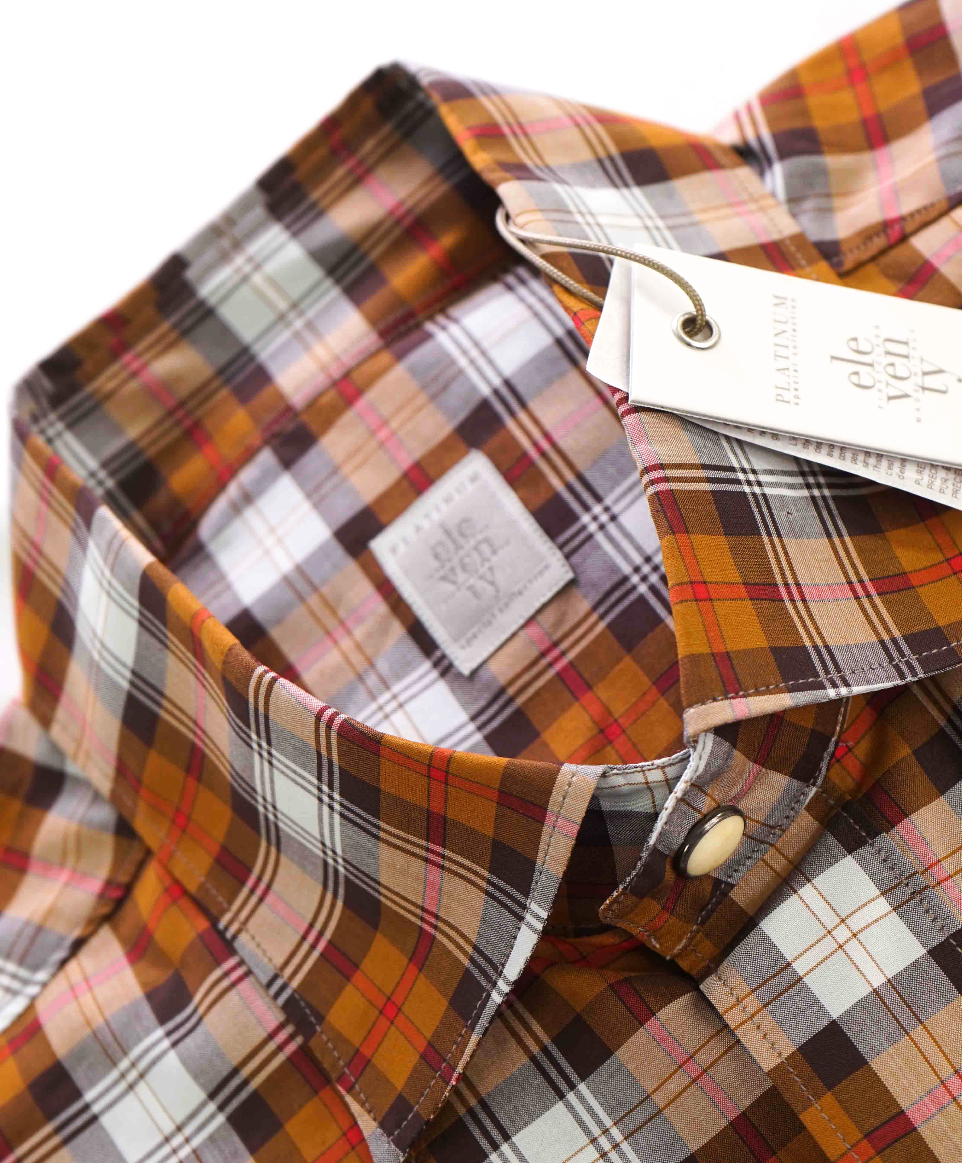 $395 ELEVENTY - Brown Check Plaid *Wide Spread Collar* Snap Shirt - M