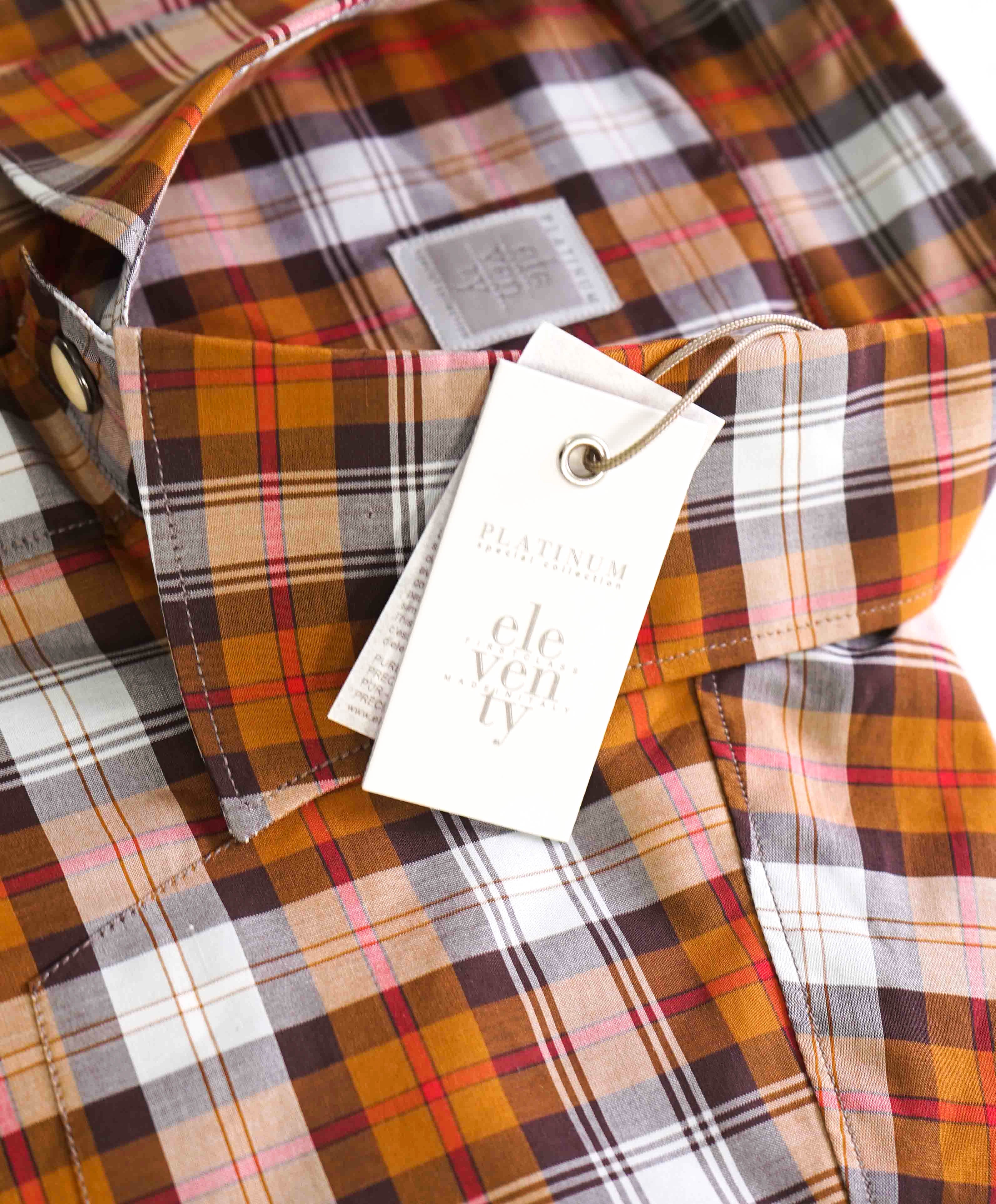 $395 ELEVENTY - Brown Check Plaid *Wide Spread Collar* Snap Shirt - M