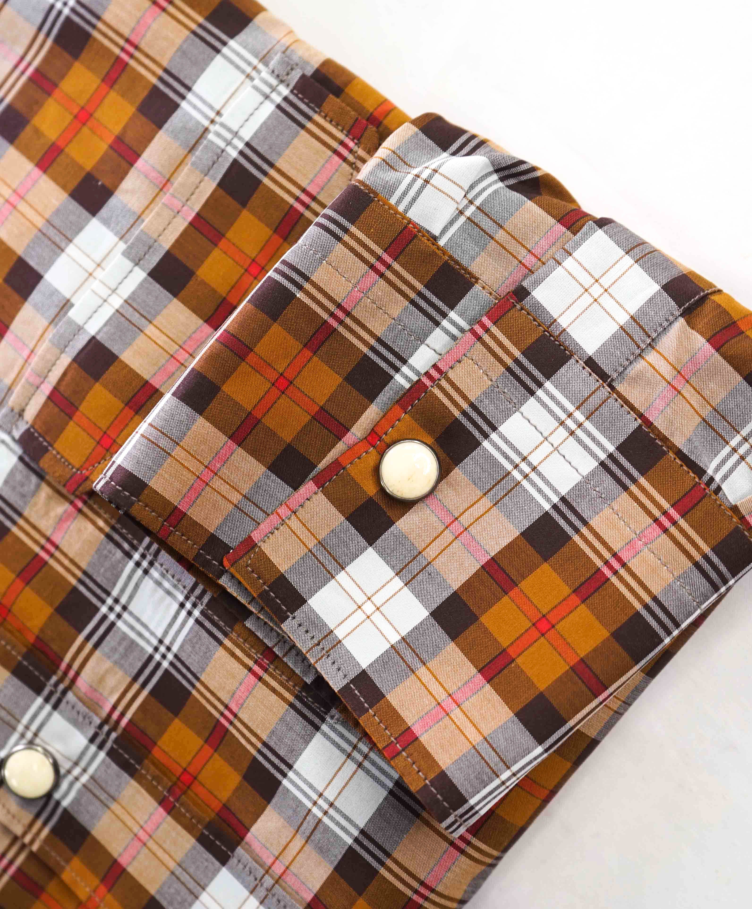 $395 ELEVENTY - Brown Check Plaid *Wide Spread Collar* Snap Shirt - M