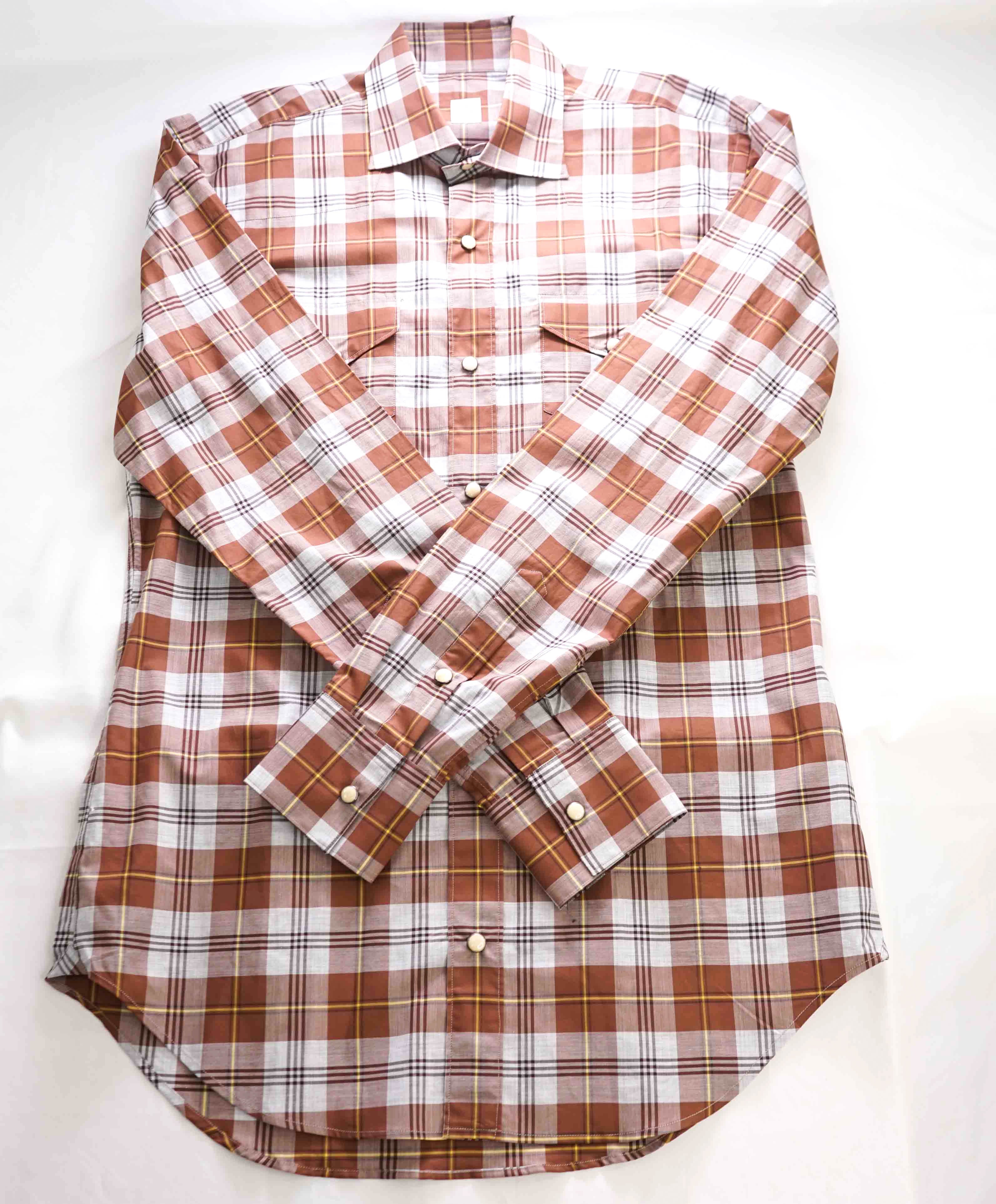 $395 ELEVENTY - Brown Check Plaid *Wide Spread Collar* Snap Shirt - M