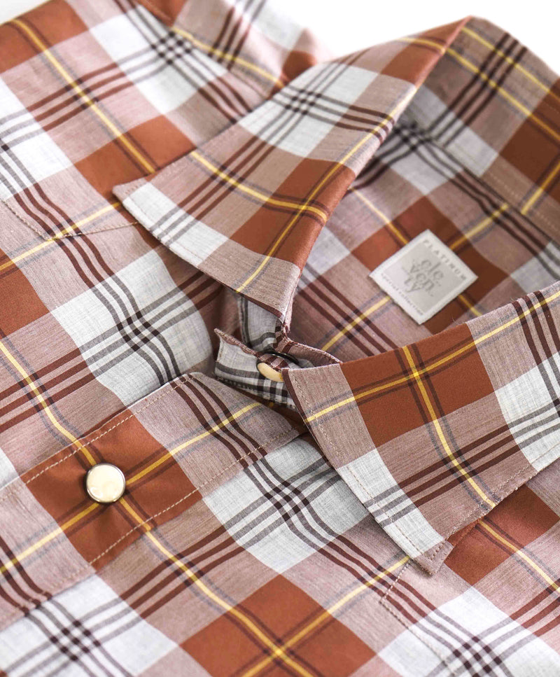 $395 ELEVENTY - Brown Check Plaid *Wide Spread Collar* Snap Shirt - M