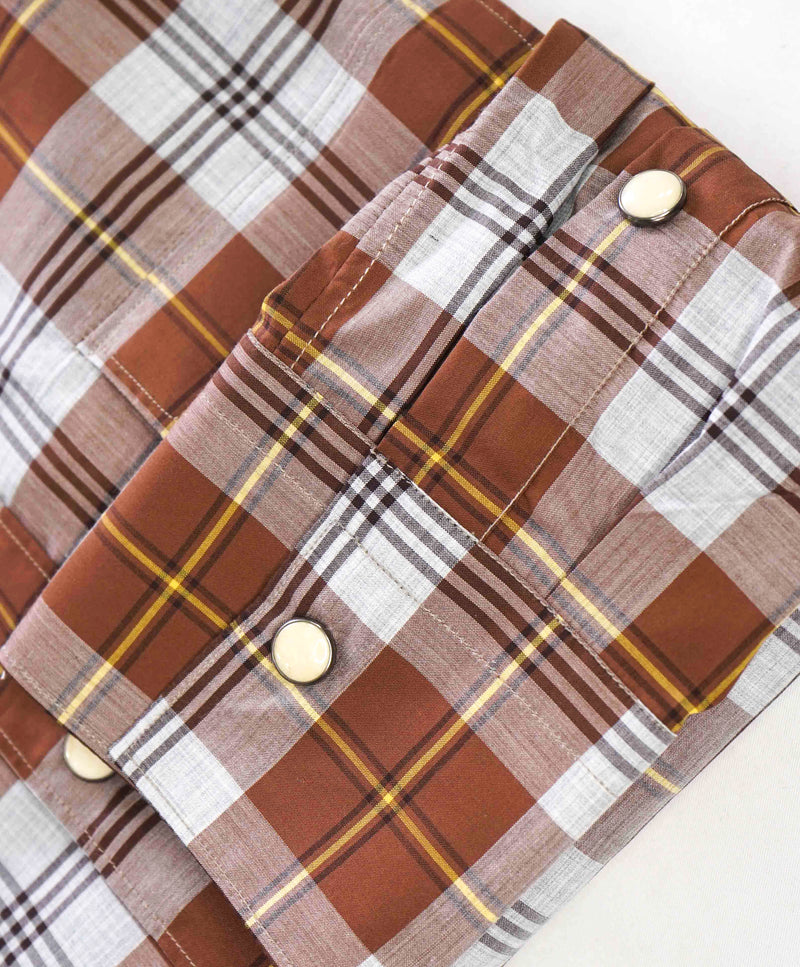 $395 ELEVENTY - Brown Check Plaid *Wide Spread Collar* Snap Shirt - M