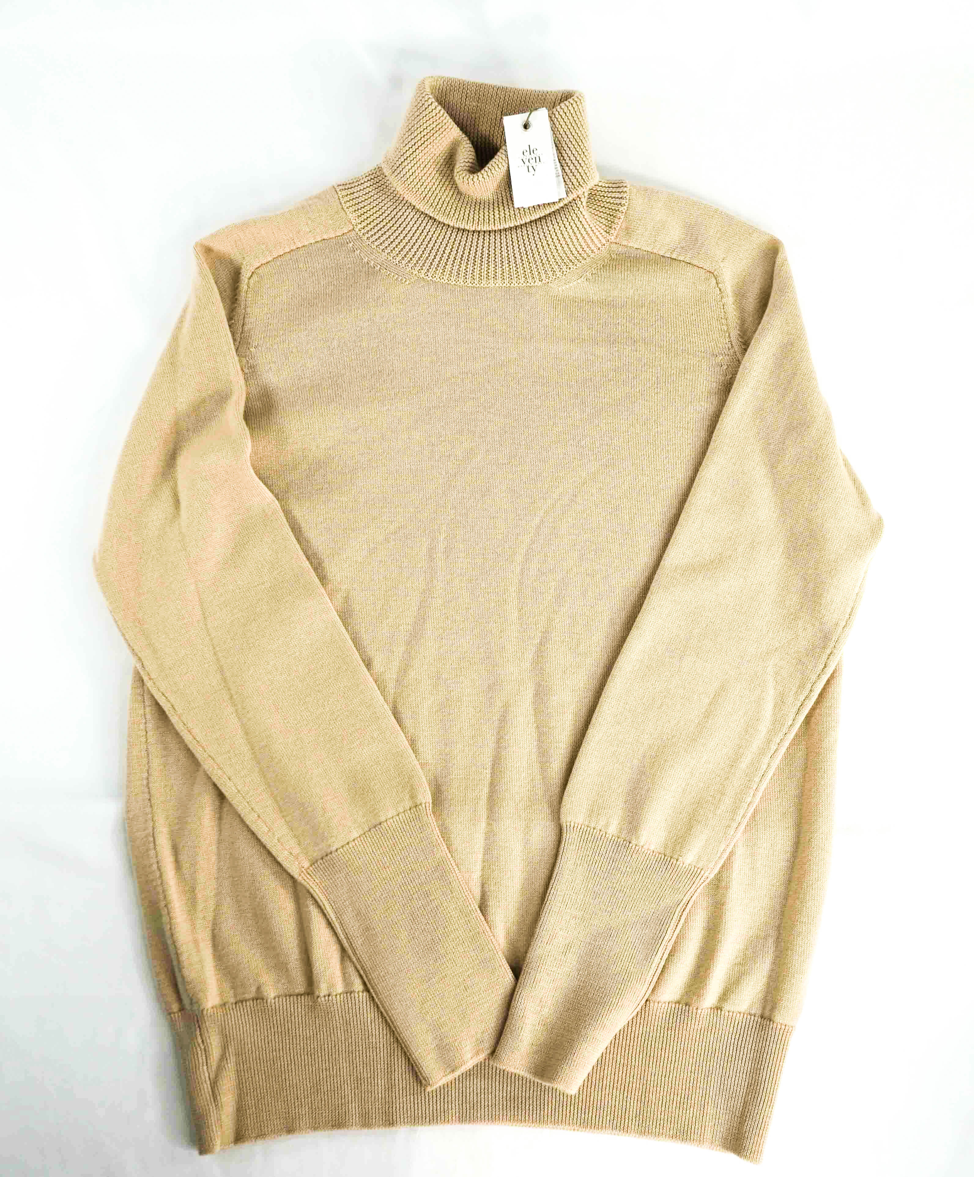 $595 ELEVENTY - Camel Wide Ribbed *PLATINUM* Wool Turtleneck Sweater - L