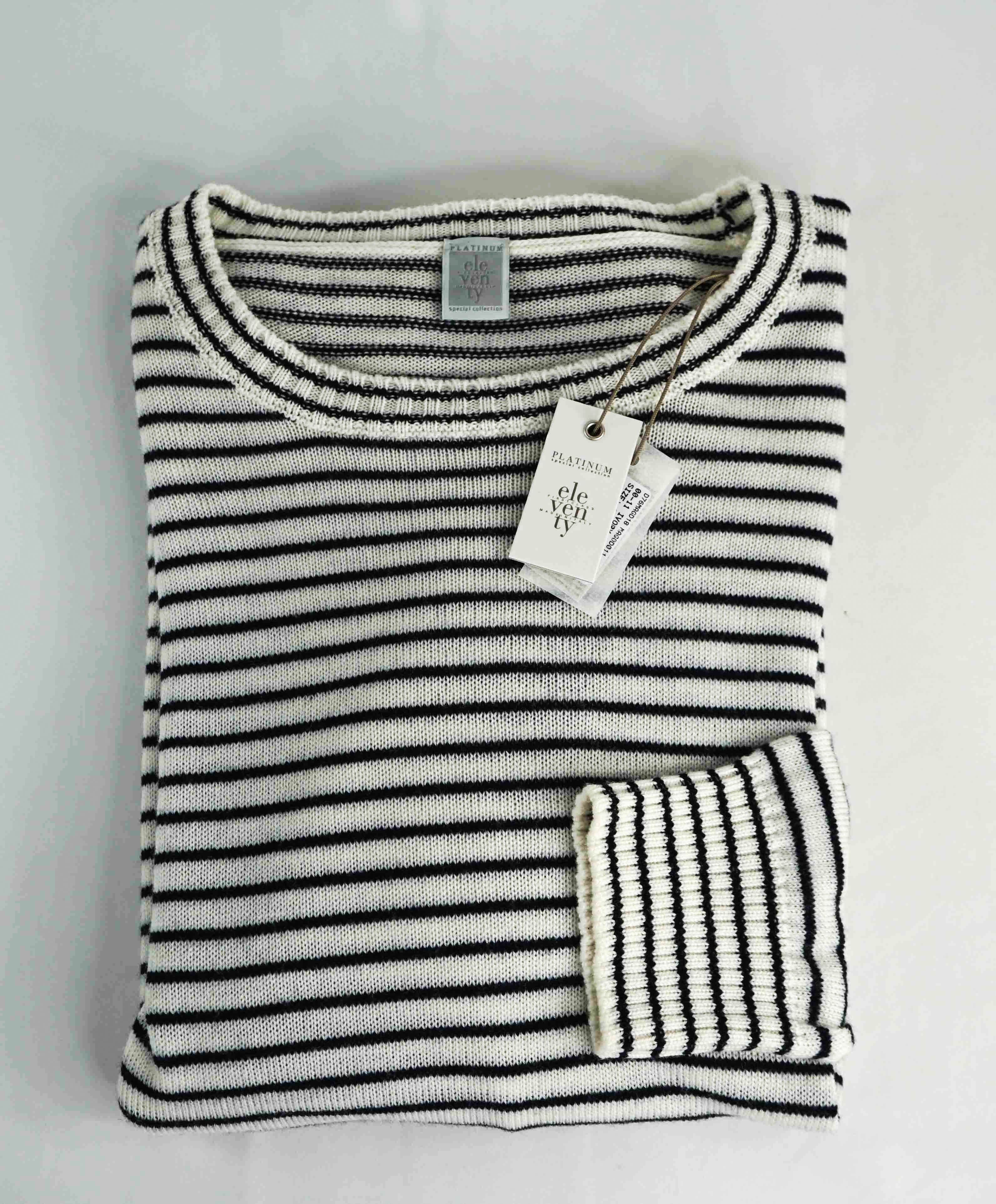 $495 ELEVENTY - Ivory / Navy Stripe Crewneck Wool Sweater - M