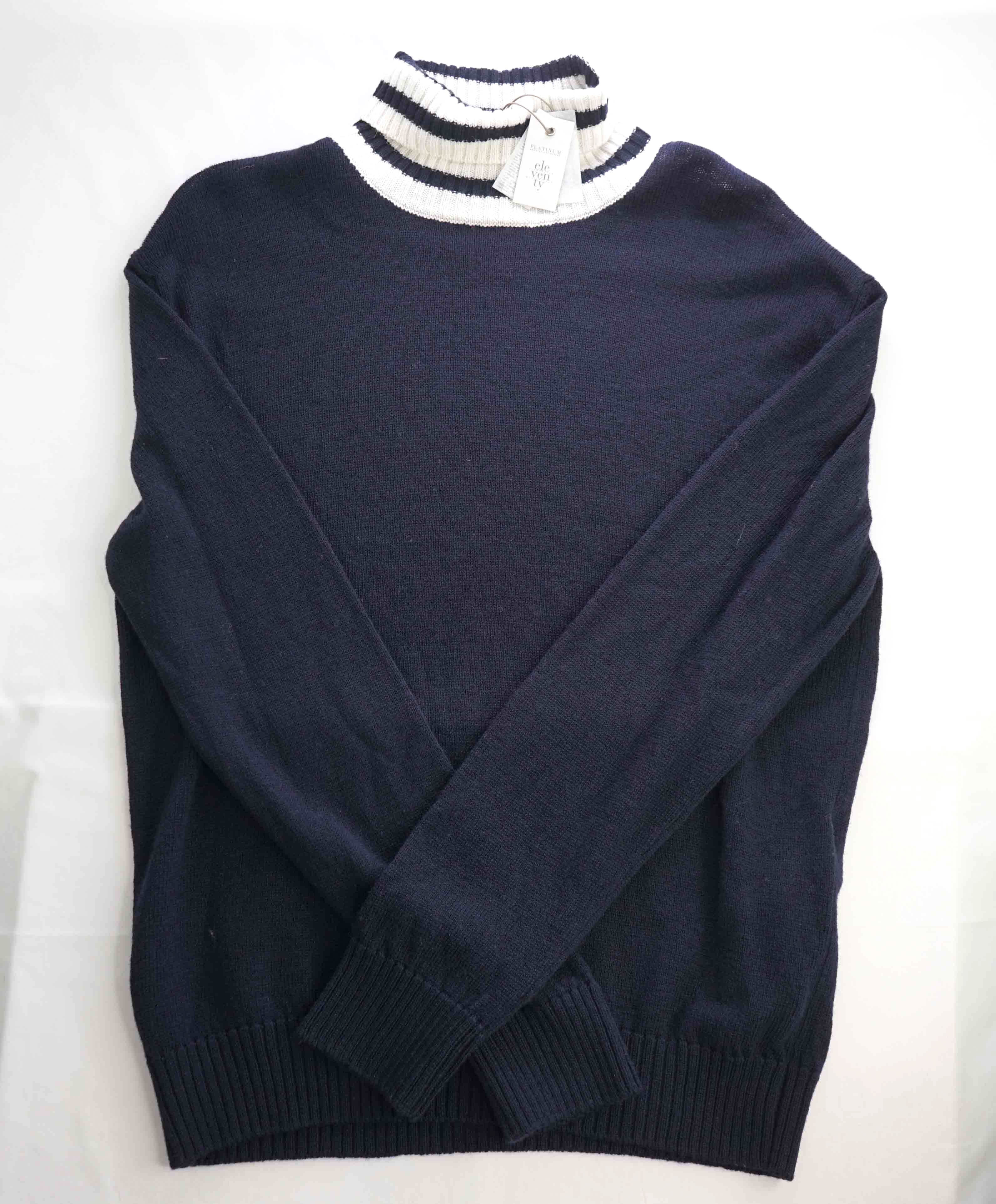 $495 ELEVENTY - Navy / White *PLATINUM* Wool Tipped Turtleneck Sweater - M