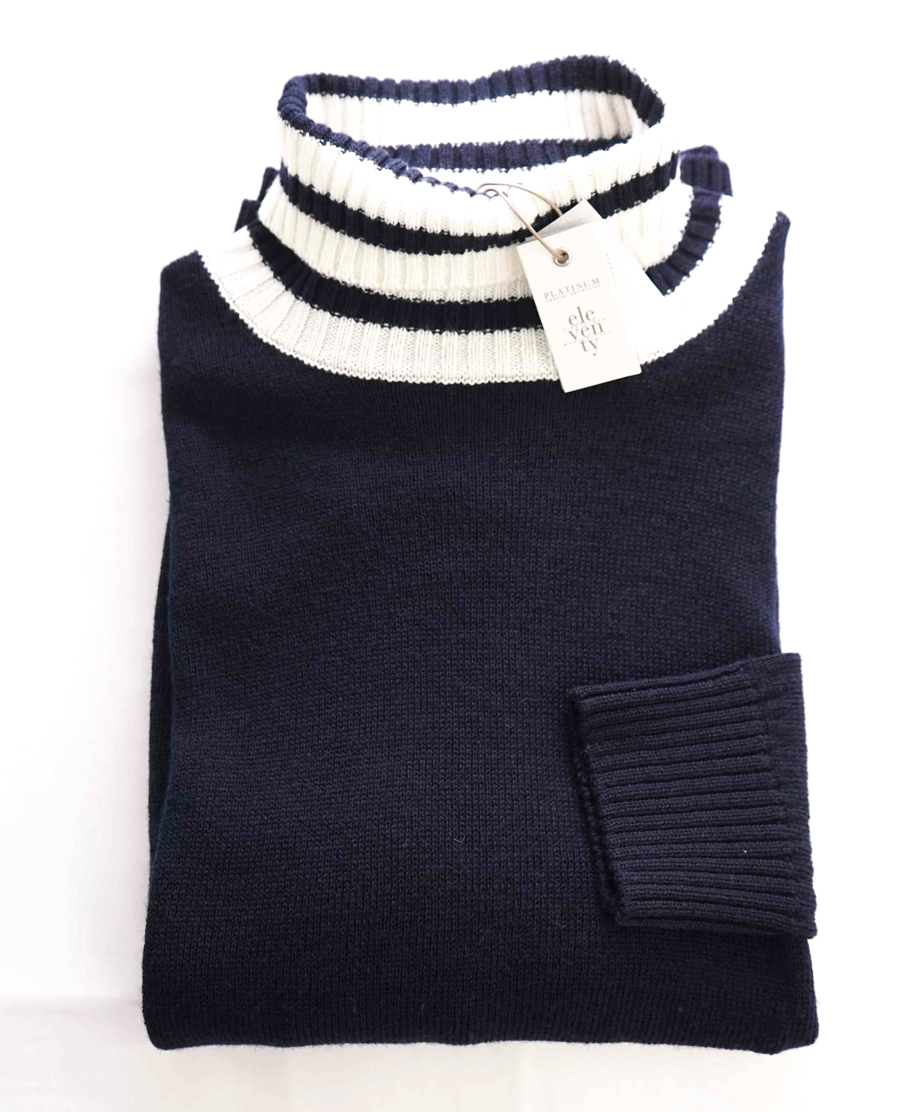 $495 ELEVENTY - Navy / White *PLATINUM* Wool Tipped Turtleneck Sweater - M