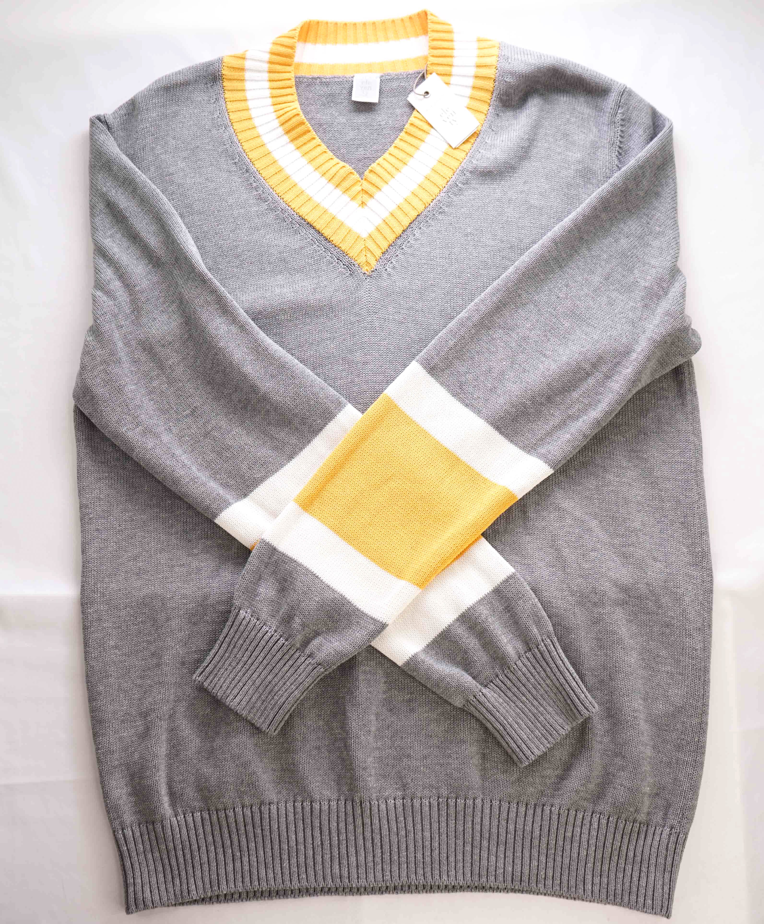 $495 ELEVENTY - Gray / Yellow Cricket Sweater Tipped V-Neck - M