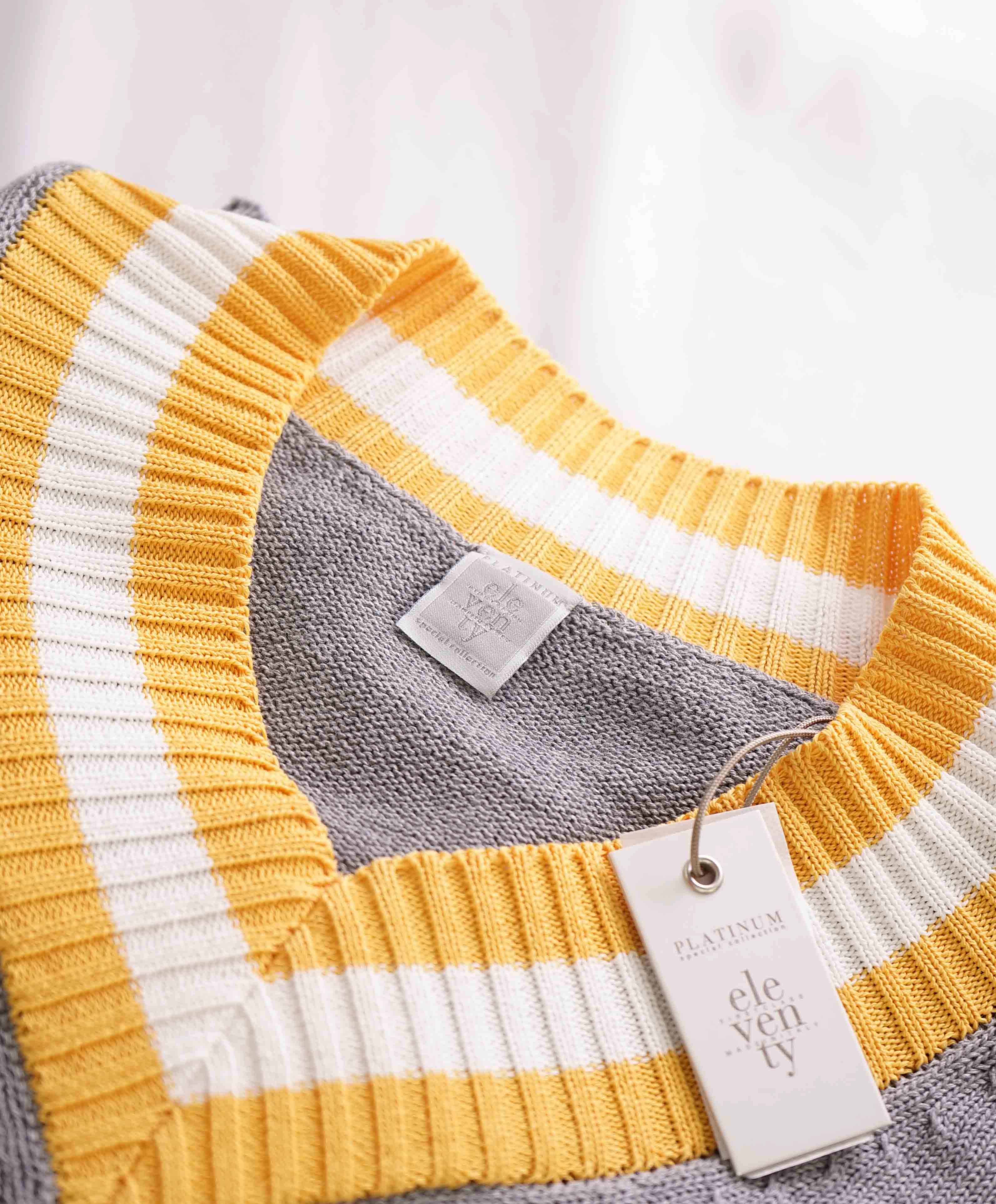 $495 ELEVENTY - Gray / Yellow Cricket Sweater Tipped V-Neck - M