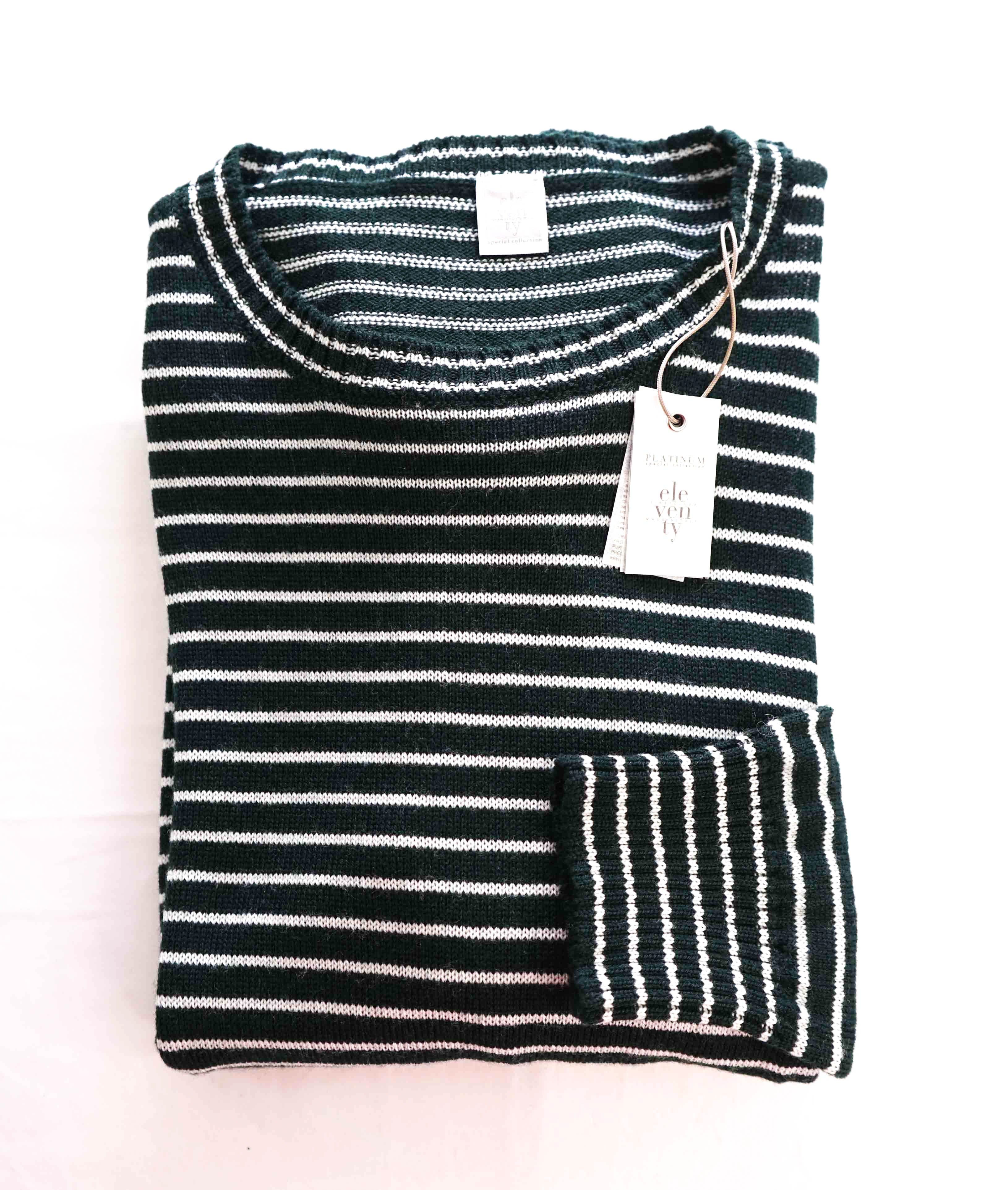 $495 ELEVENTY - Green / Ivory Stripe Crewneck Wool Sweater - M