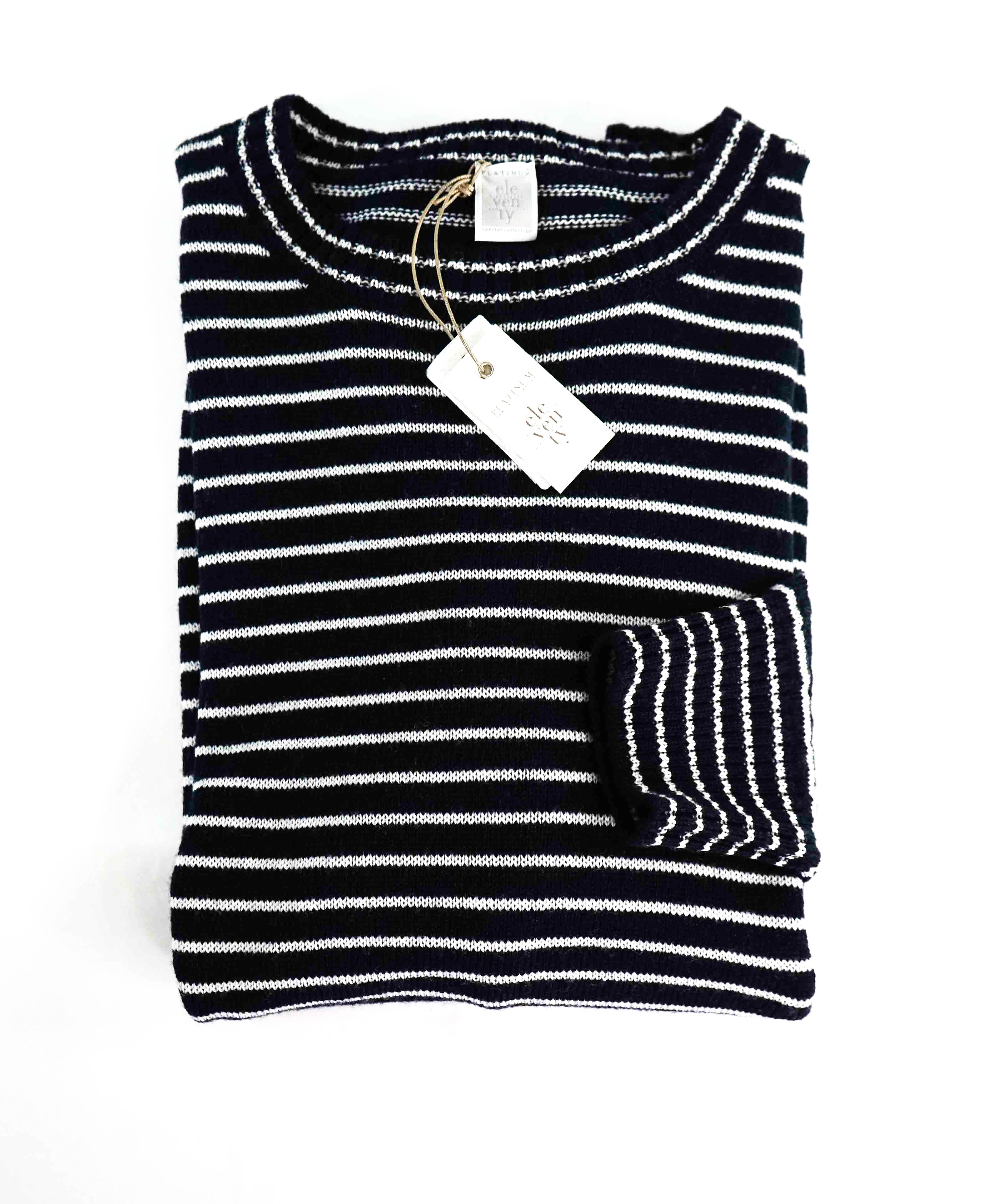 $495 ELEVENTY - Navy / Ivory Stripe Crewneck Wool Sweater - M