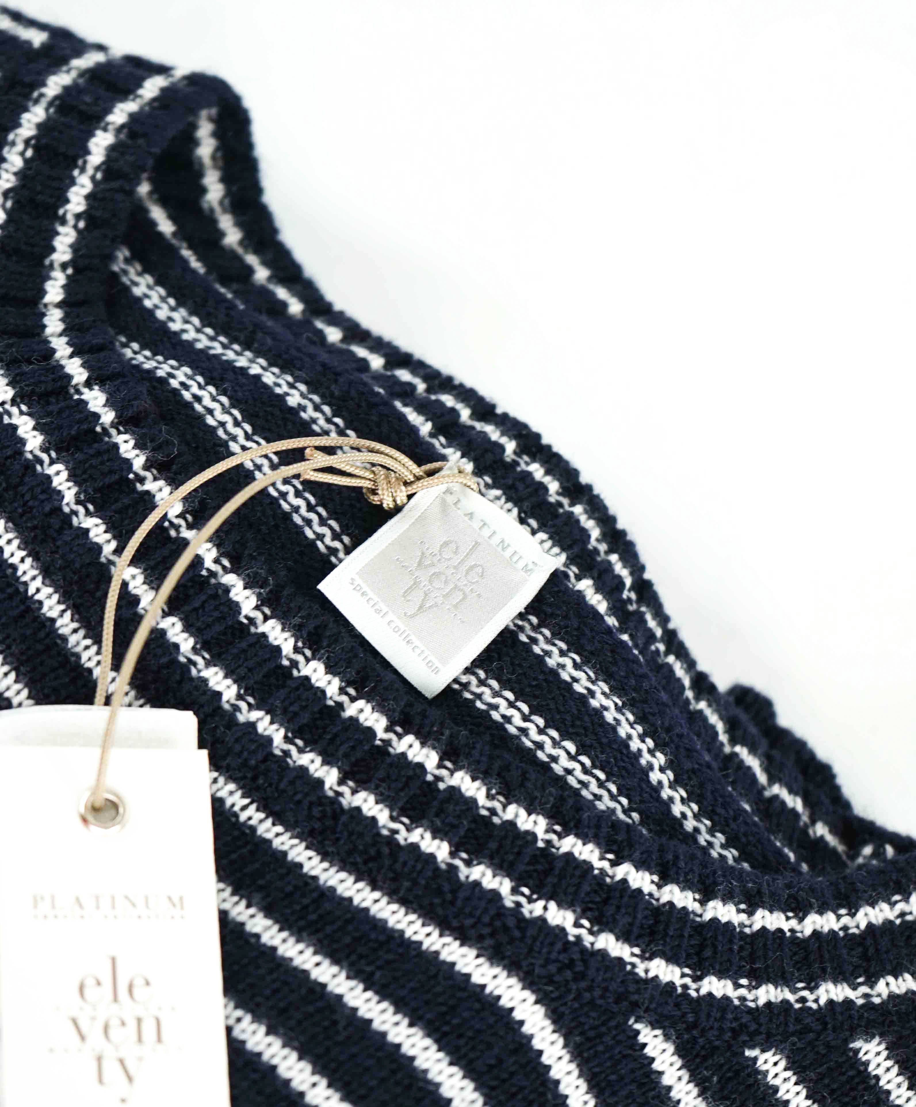 $495 ELEVENTY - Navy / Ivory Stripe Crewneck Wool Sweater - M