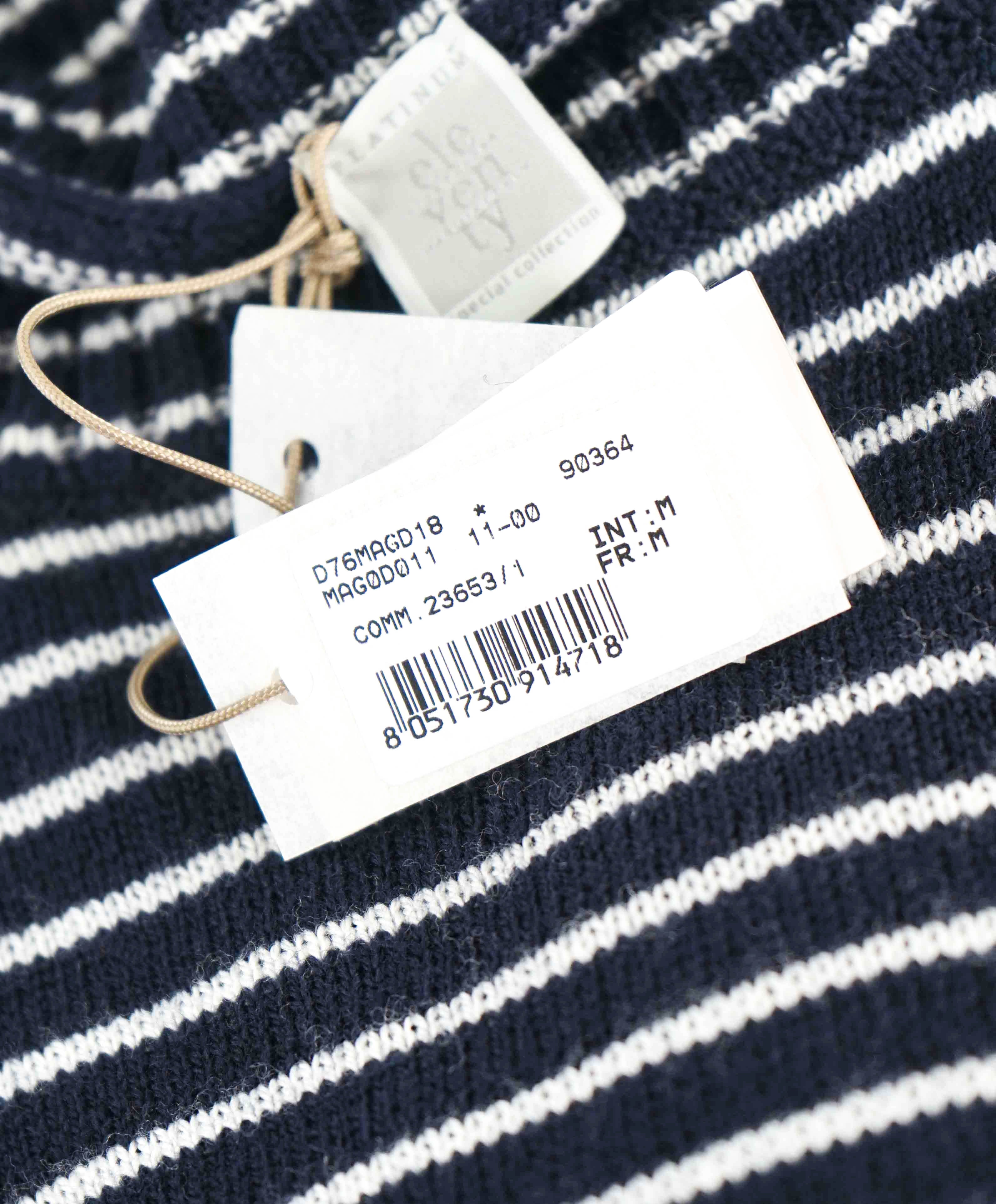 $495 ELEVENTY - Navy / Ivory Stripe Crewneck Wool Sweater - M