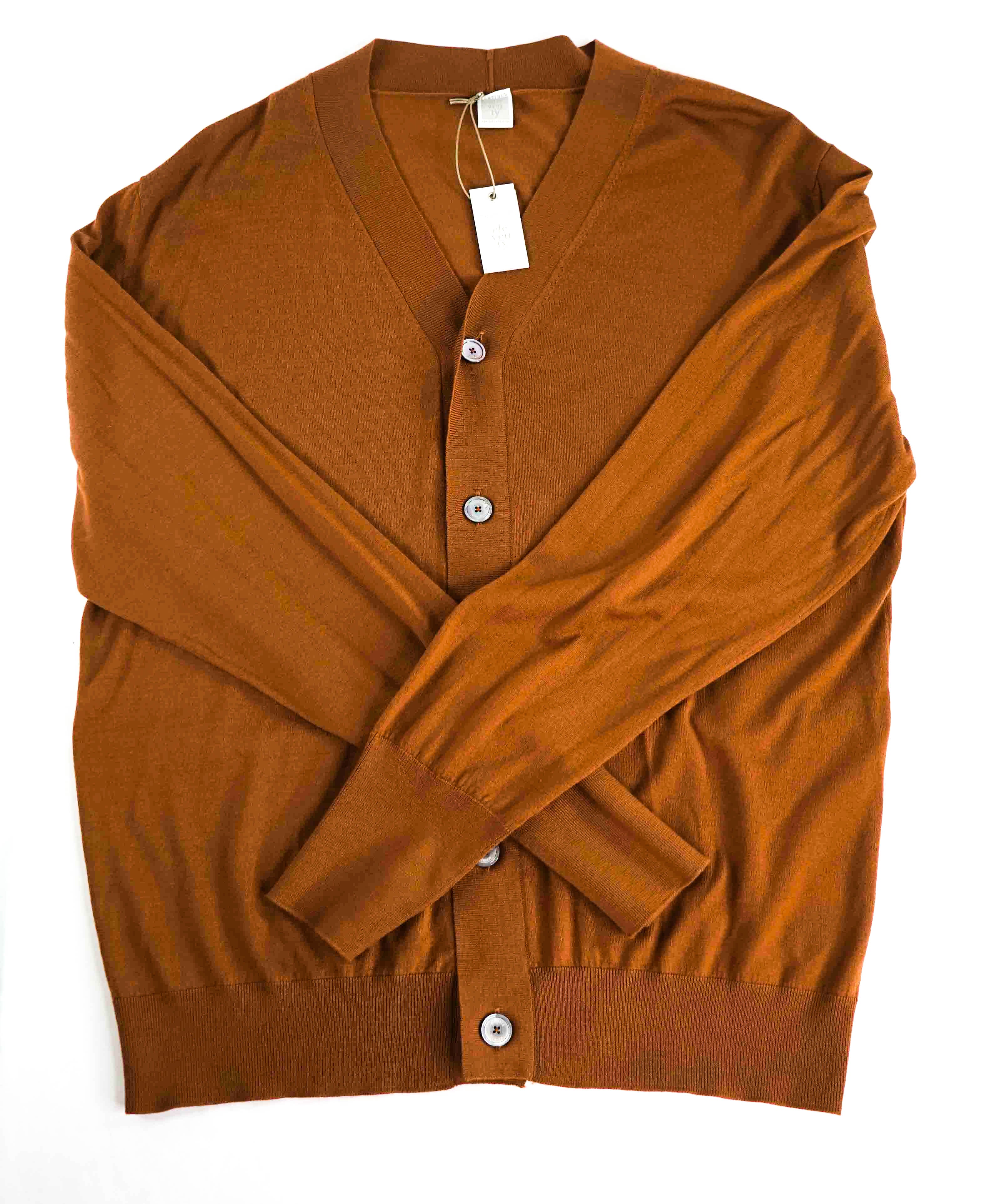 $795 ELEVENTY - Rust Brown MOP Engraved Pure Wool Cardigan Sweater - M