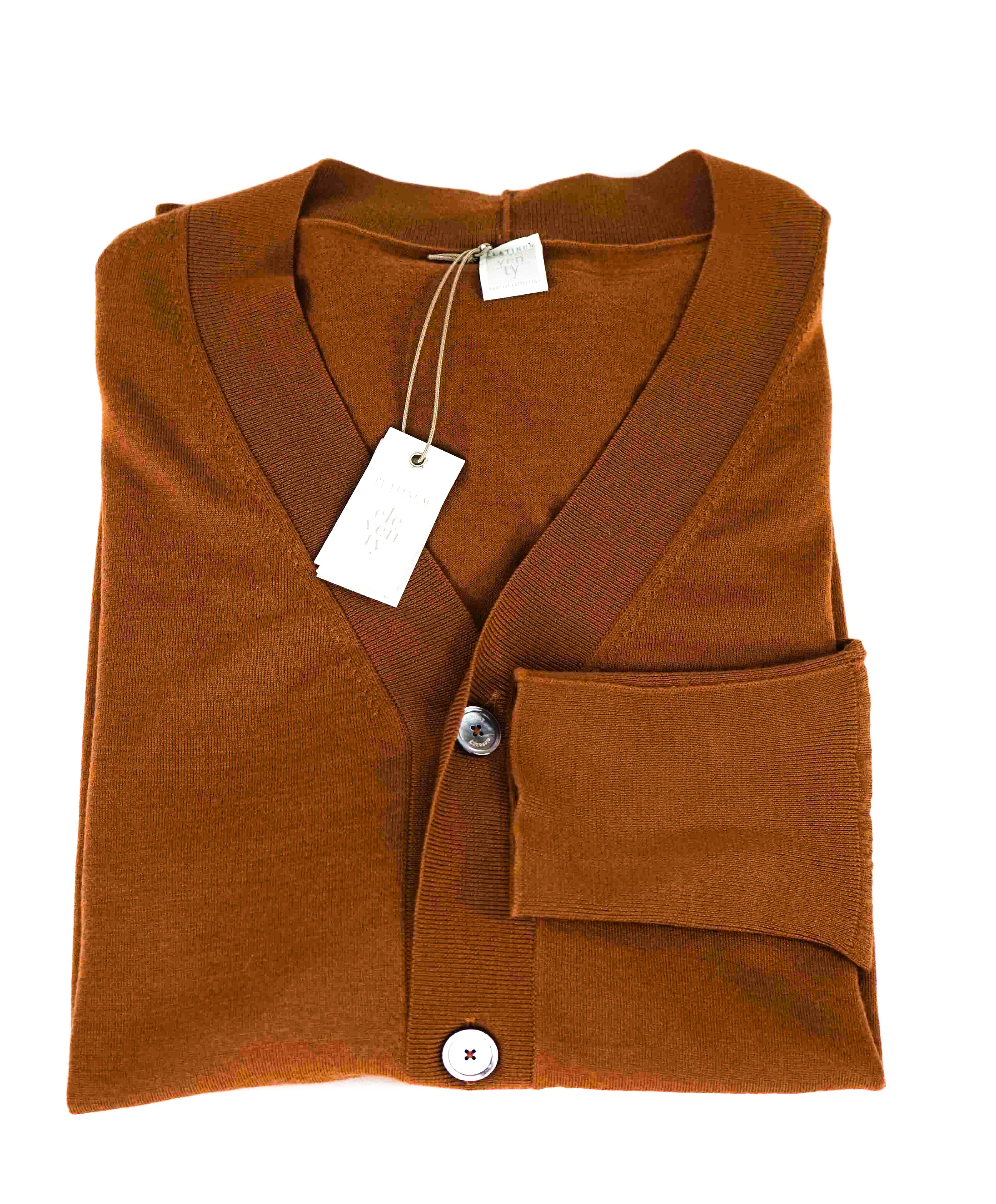 $795 ELEVENTY - Rust Brown MOP Engraved Pure Wool Cardigan Sweater - M