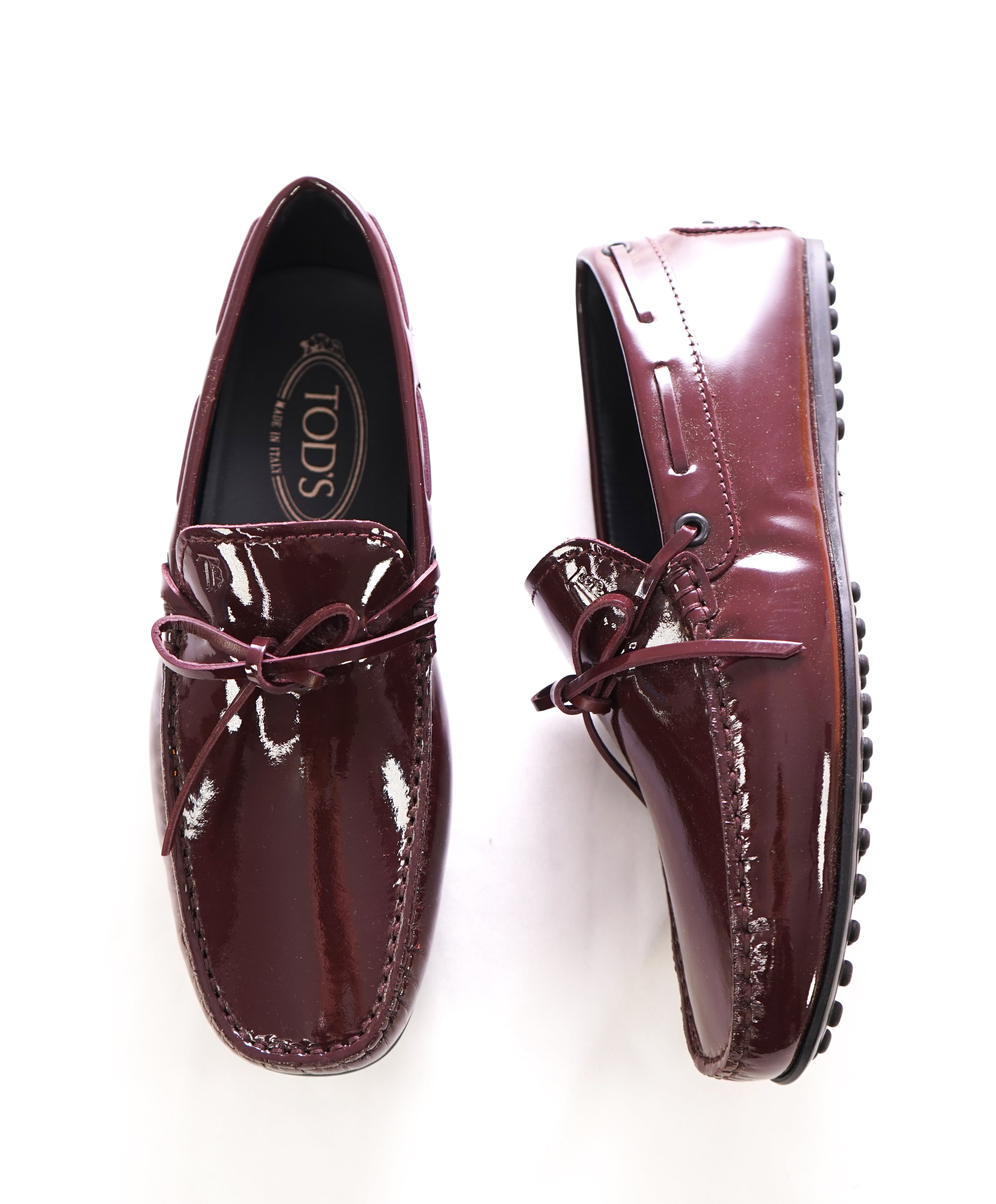 TOD’S - Burgundy Patent Leather Embossed Logo Driving Loafers- 6A US