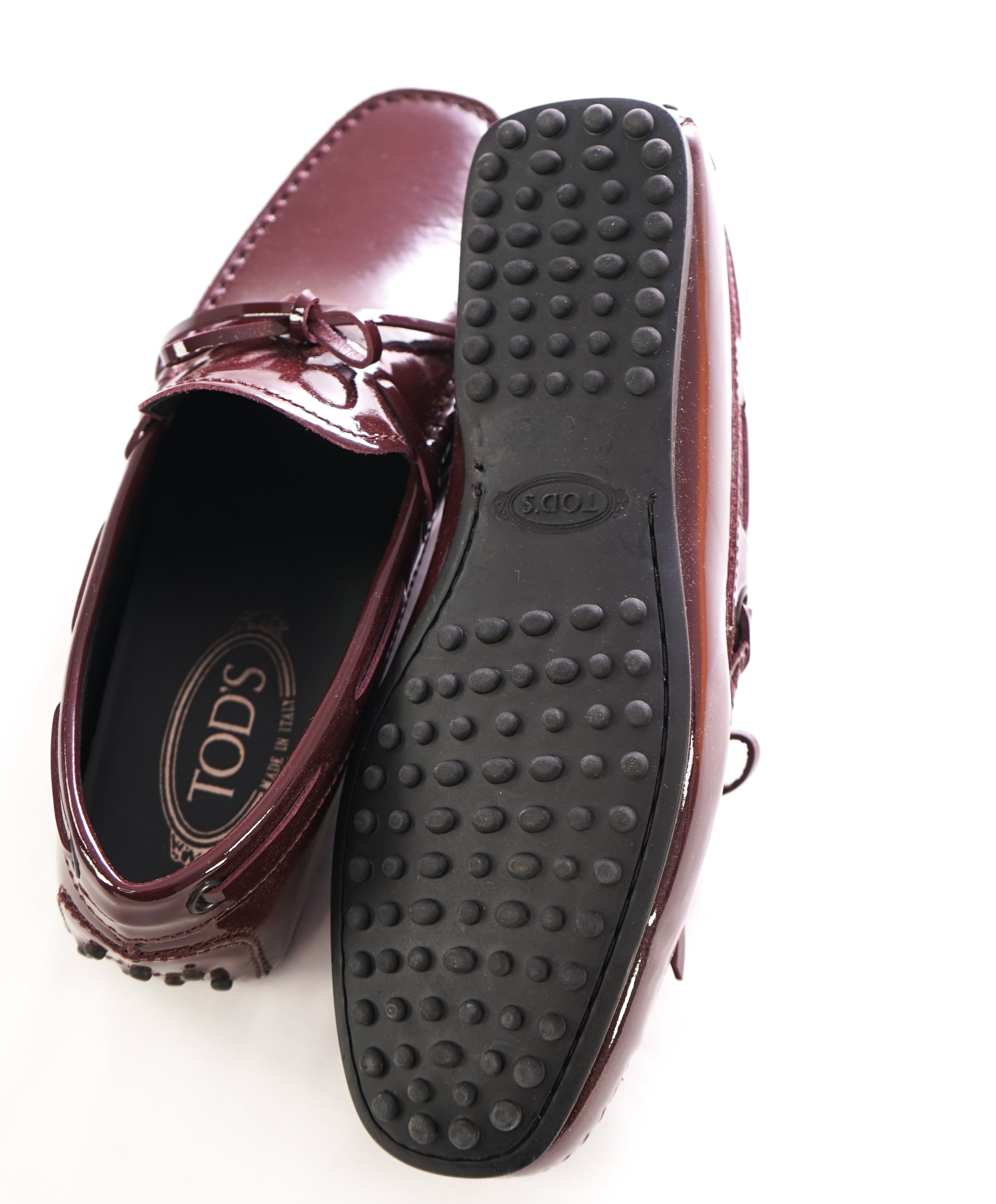 TOD’S - Burgundy Patent Leather Embossed Logo Driving Loafers- 6A US