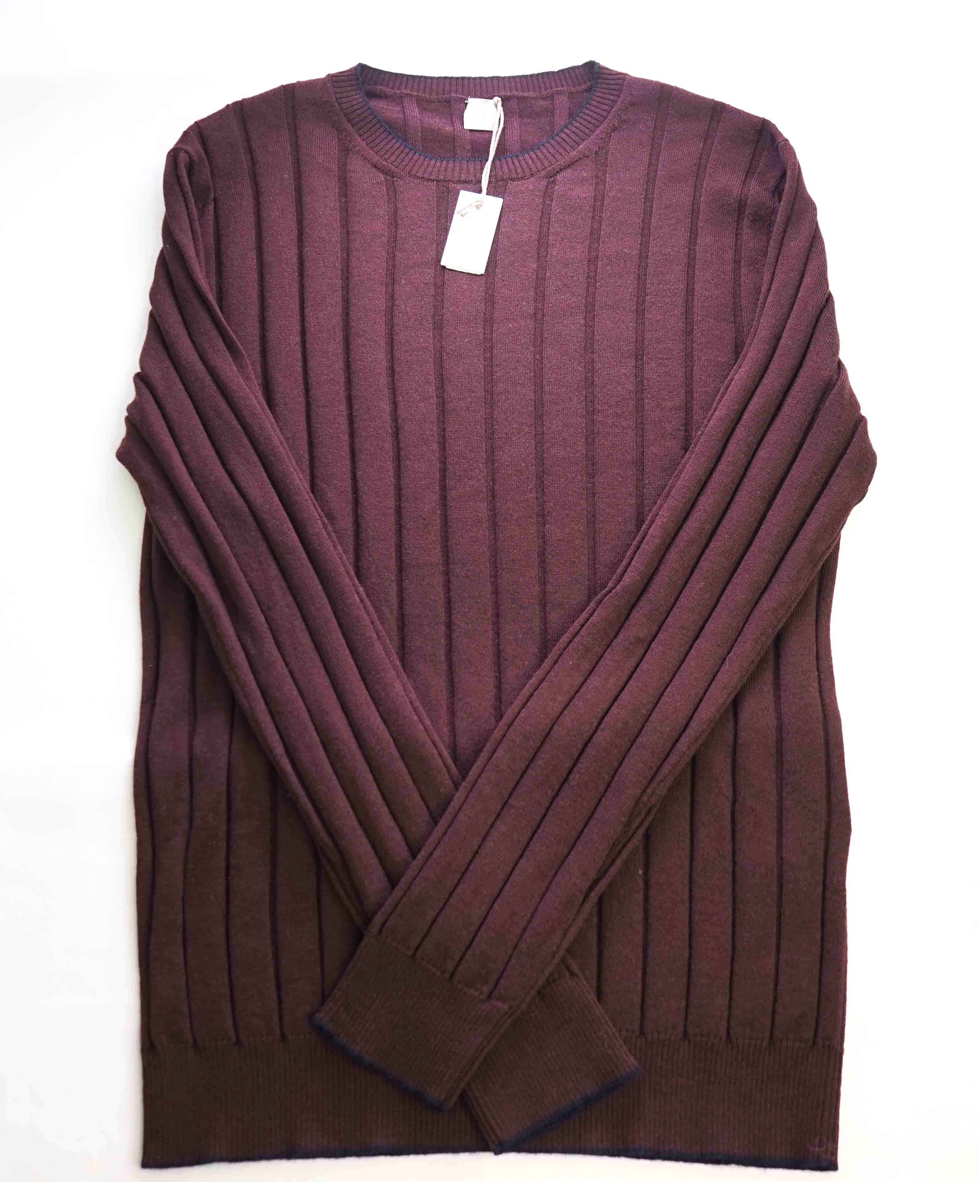 $445 ELEVENTY - Ribbed Burgundy Wool Navy Tipped Crewneck Sweater - XXL