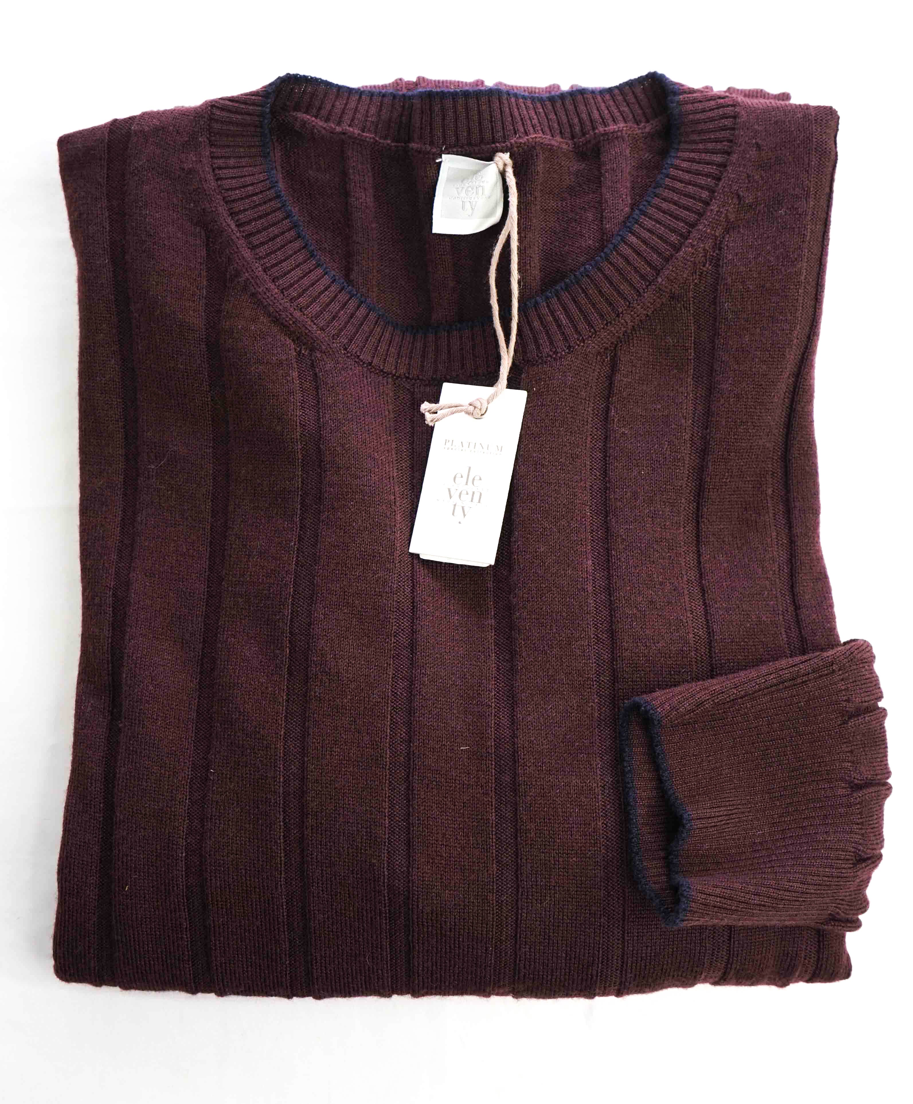 $445 ELEVENTY - Ribbed Burgundy Wool Navy Tipped Crewneck Sweater - XXL