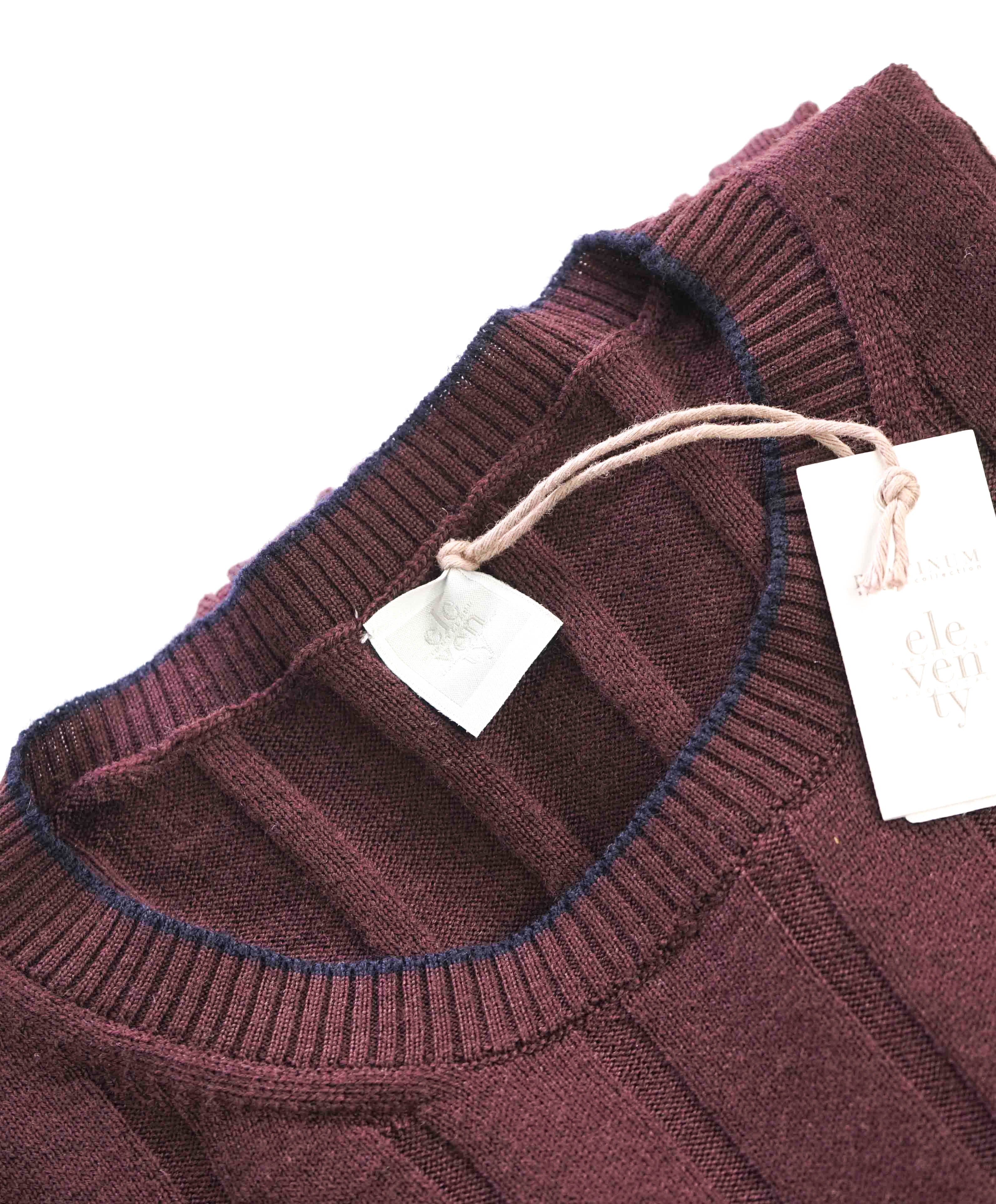 $445 ELEVENTY - Ribbed Burgundy Wool Navy Tipped Crewneck Sweater - XXL