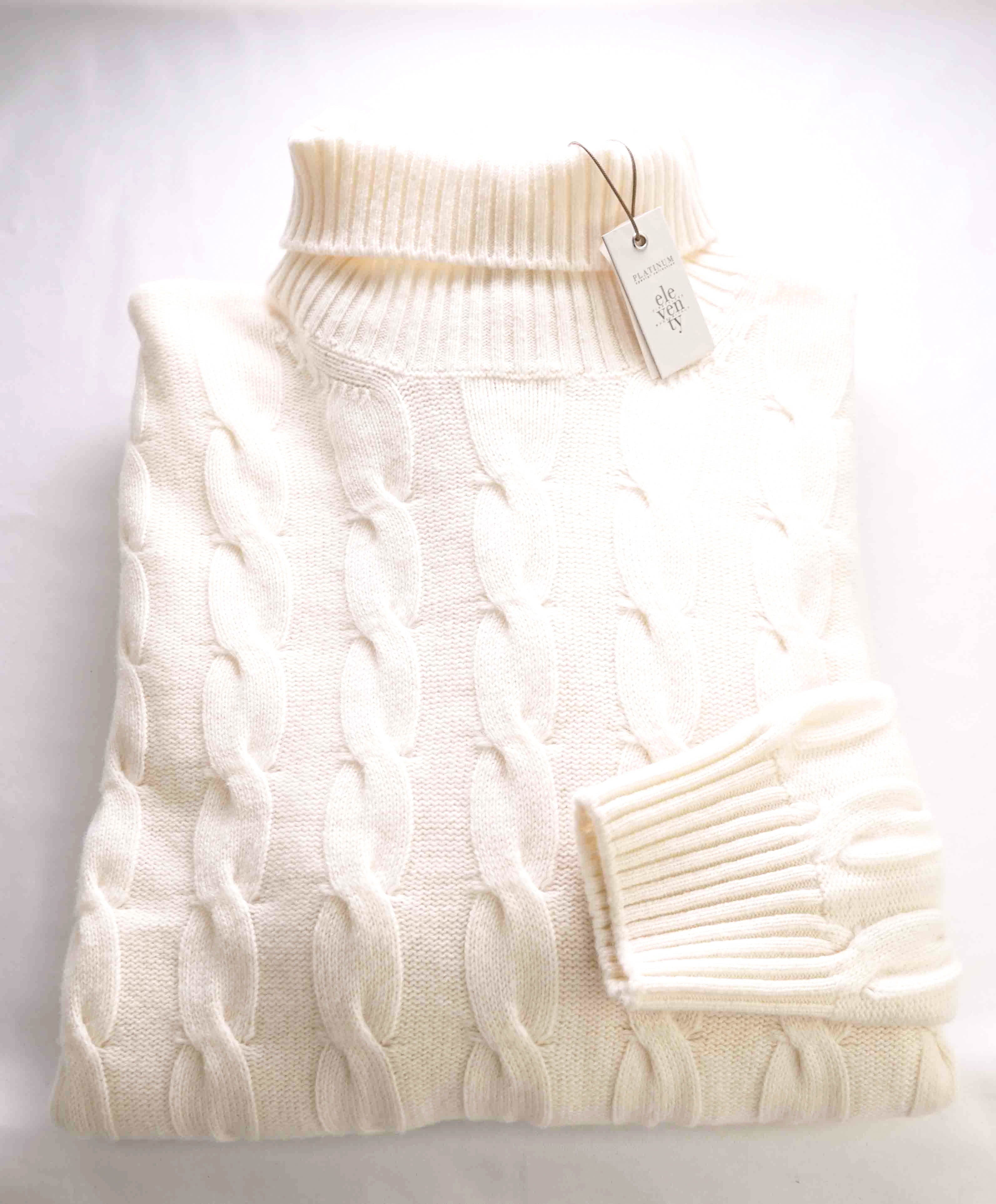 $1,095 ELEVENTY - *PURE CASHMERE* White Cable Knit Turtleneck Sweater - XXL