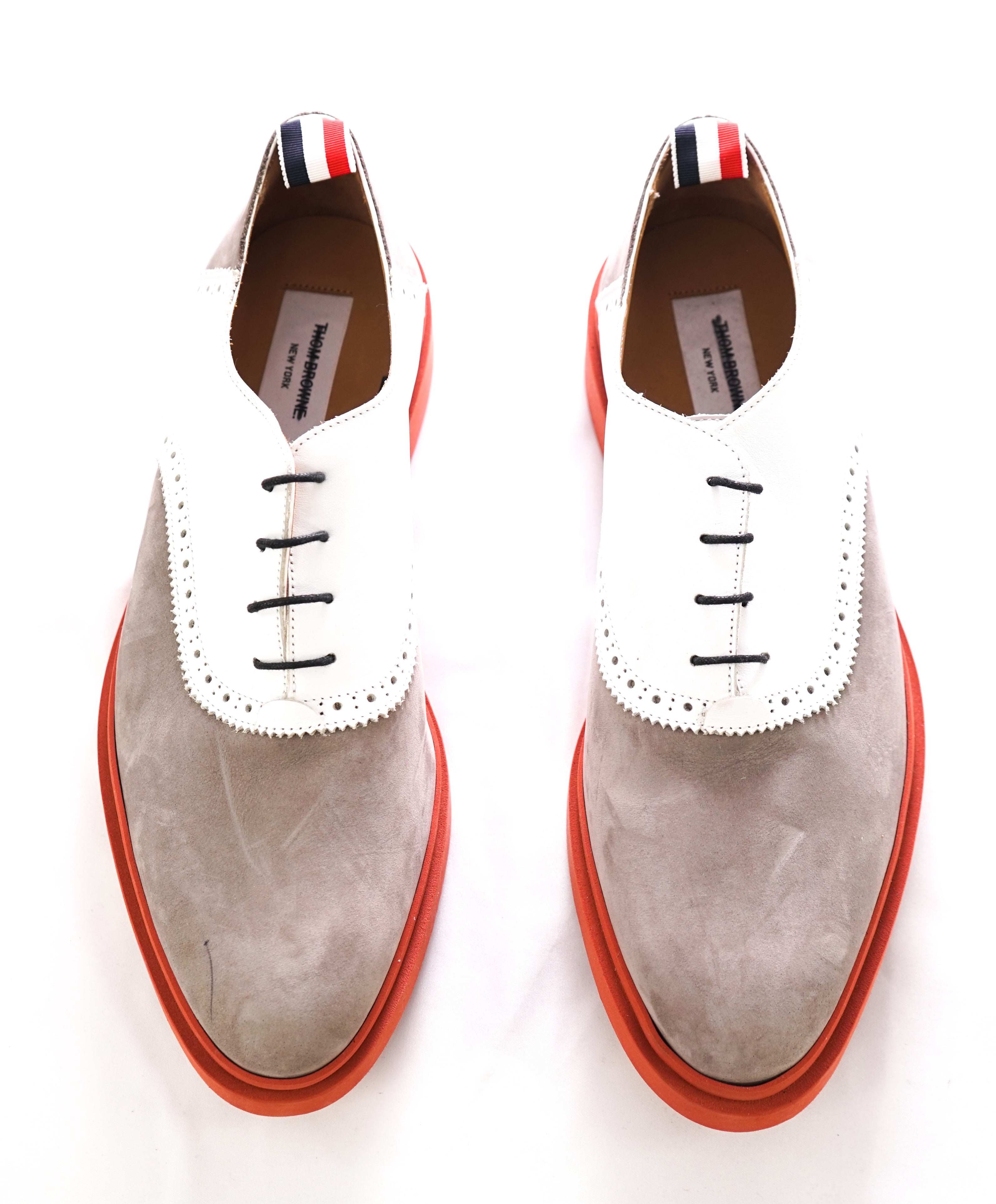 THOM BROWNE - "Panelled Derby" Saddle Oxfords Gray Suede Contrast Sole - 11US