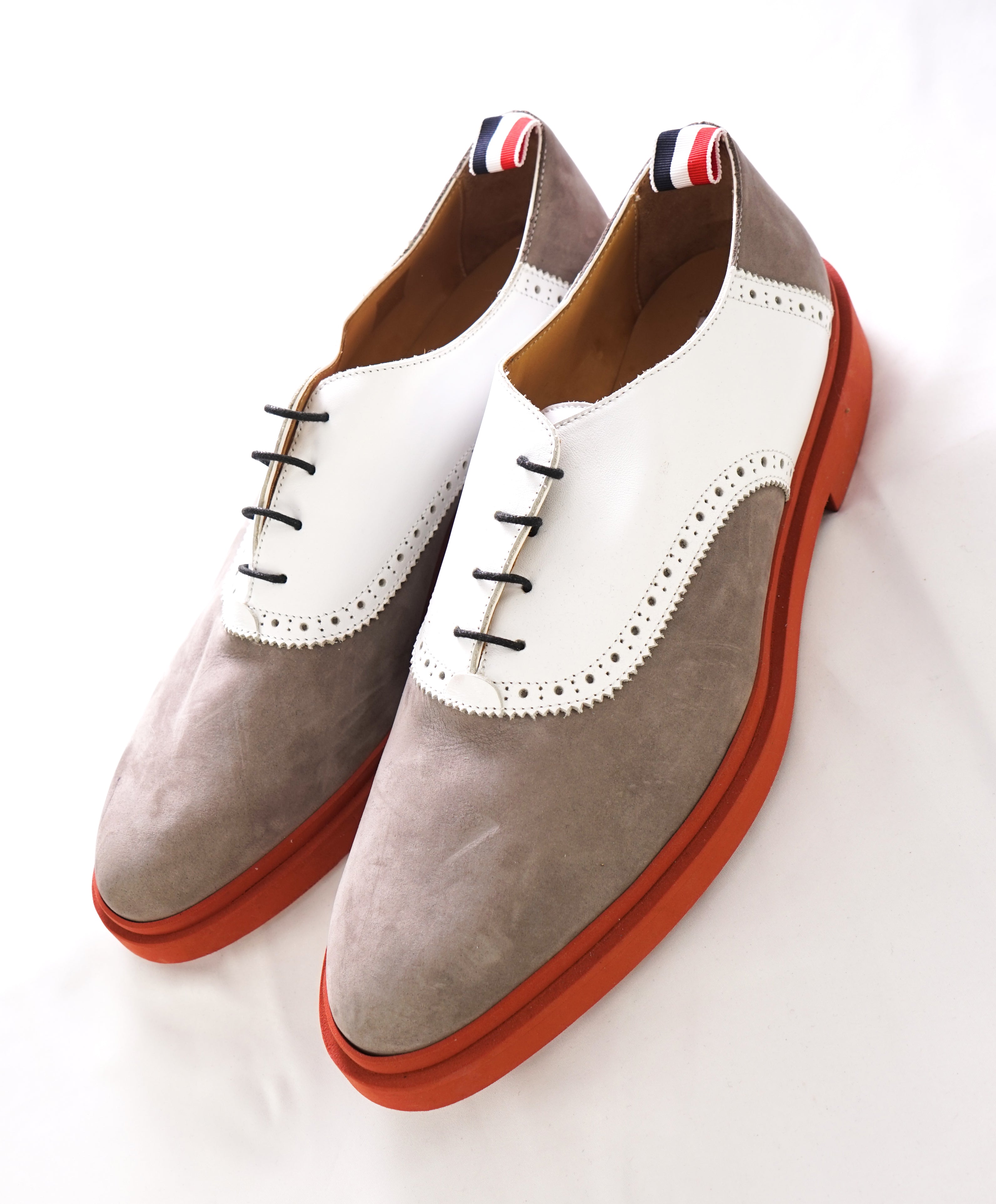 THOM BROWNE - "Panelled Derby" Saddle Oxfords Gray Suede Contrast Sole - 11US