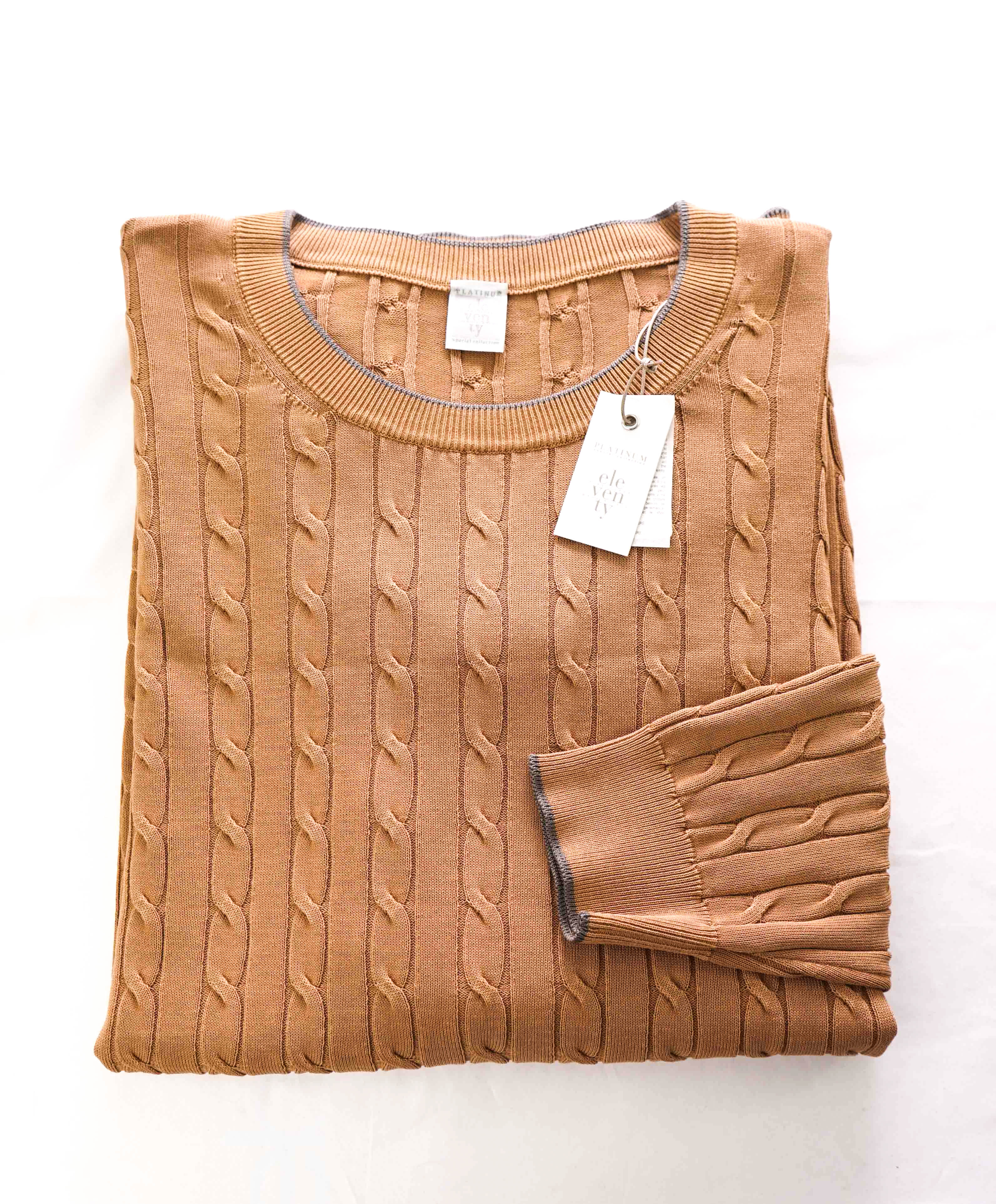 $595 ELEVENTY - *COTTON* Camel Brown CABLE KNIT Ribbed Sweater - L