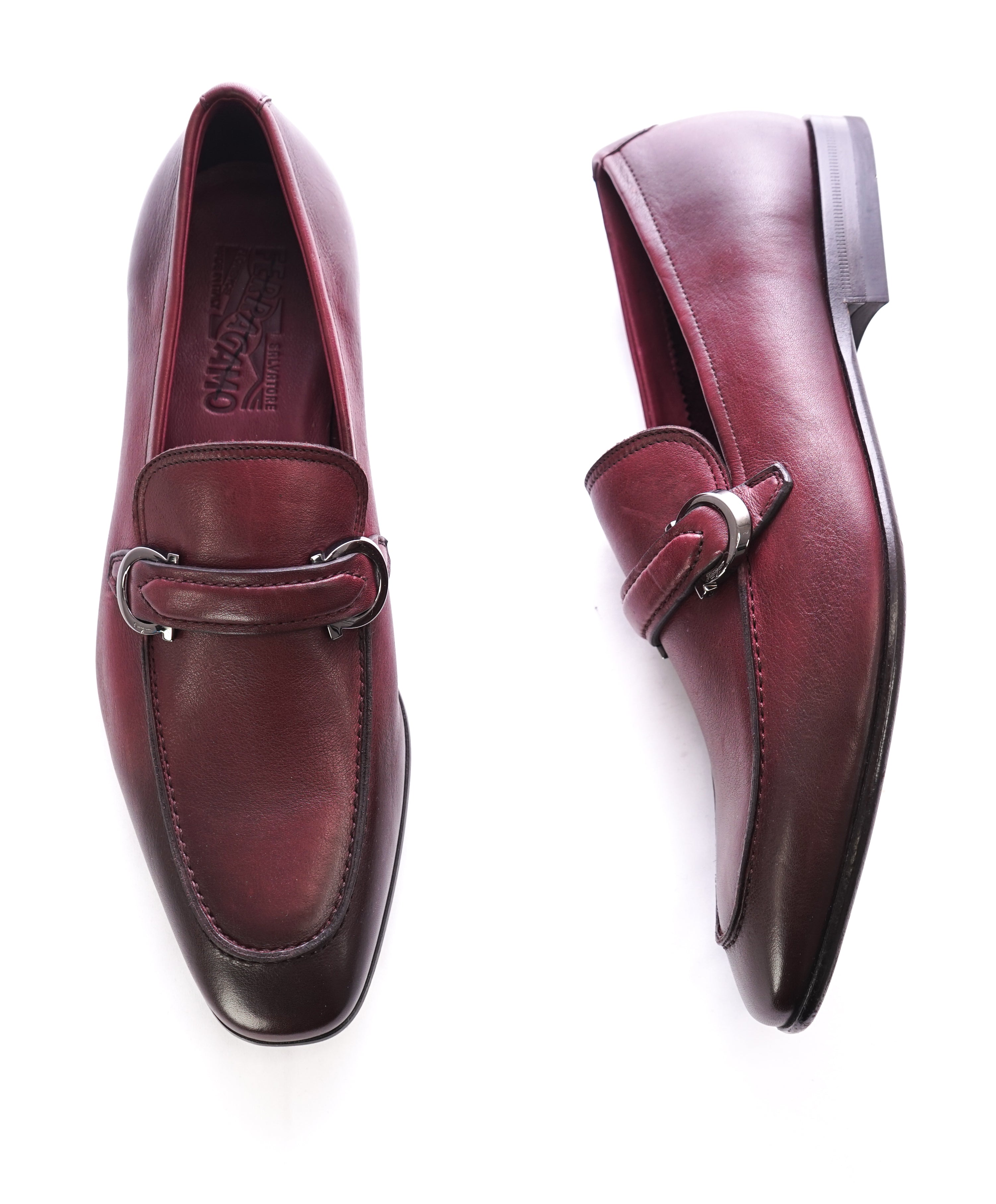 SALVATORE FERRAGAMO - "Bordeaux" Supple Leather Loafers Reverse Gancini - 9 E