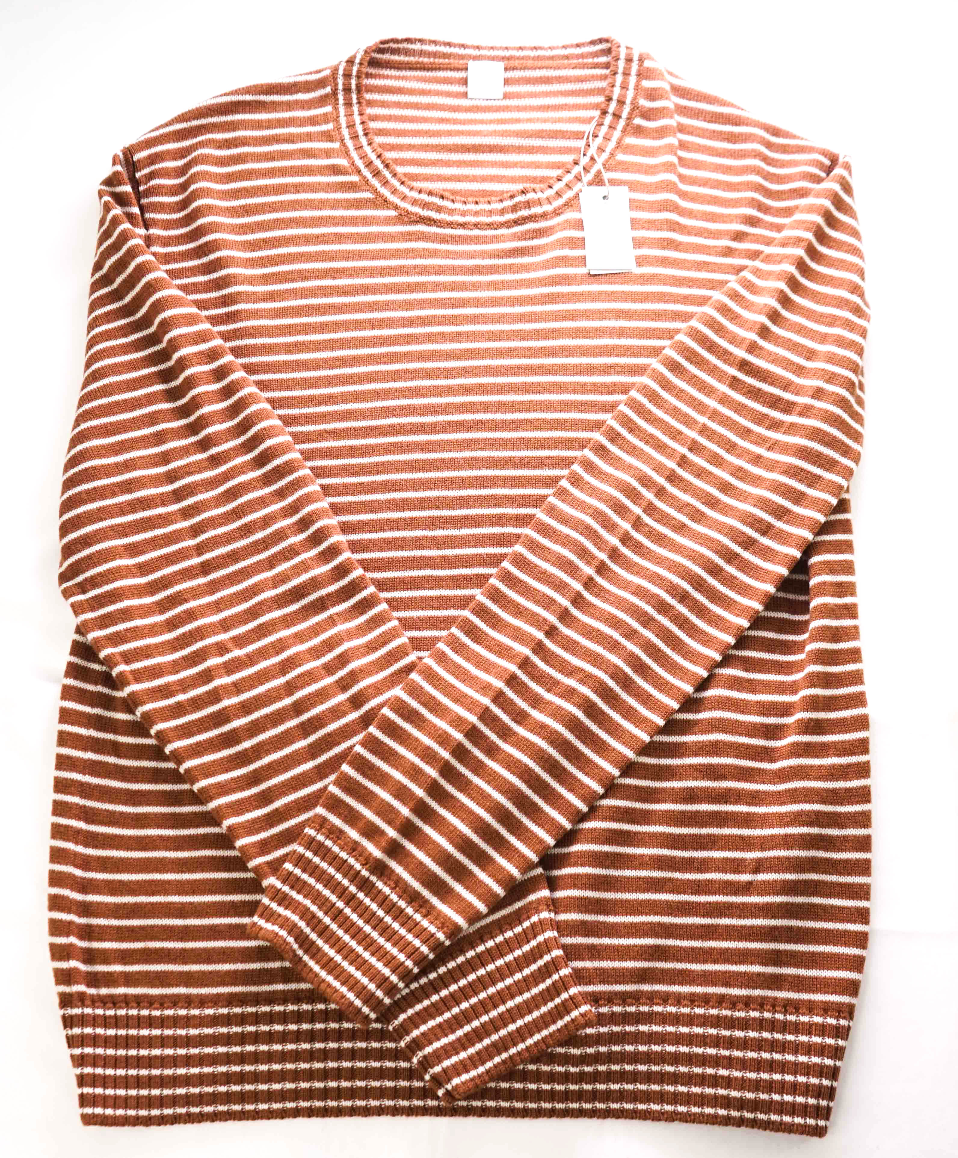 $495 ELEVENTY - Ivory / Camel Stripe Crewneck Wool Sweater - XL