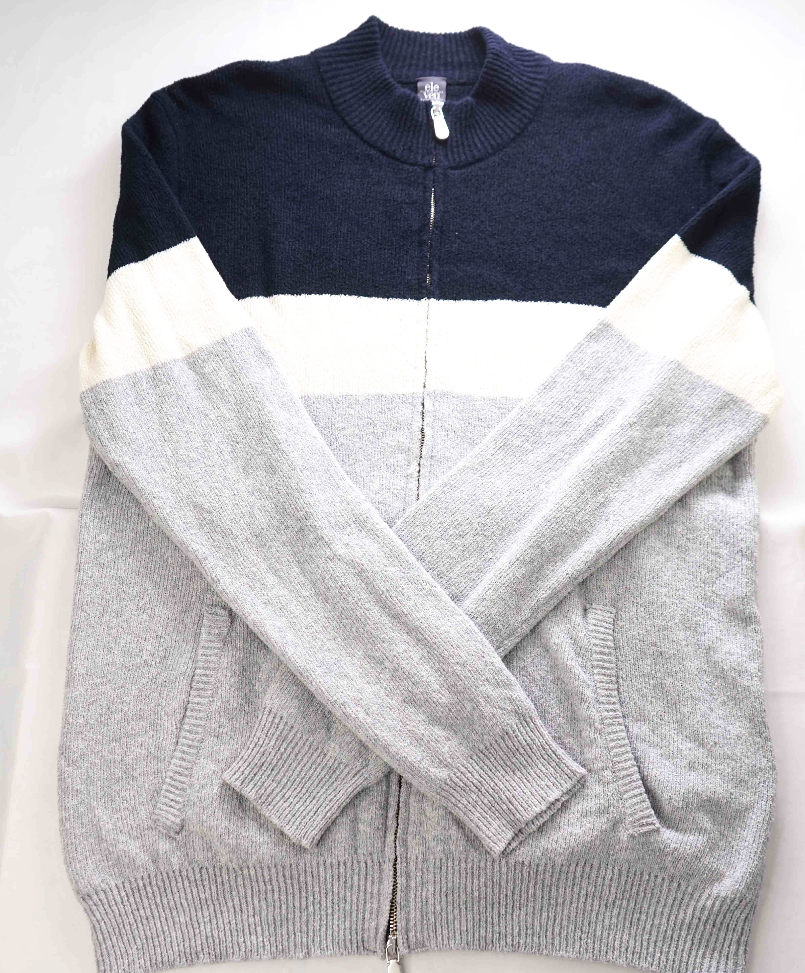 $495 ELEVENTY - Cotton FULL ZIP Color Block Blue/Ivory/Gray Sweater - XL