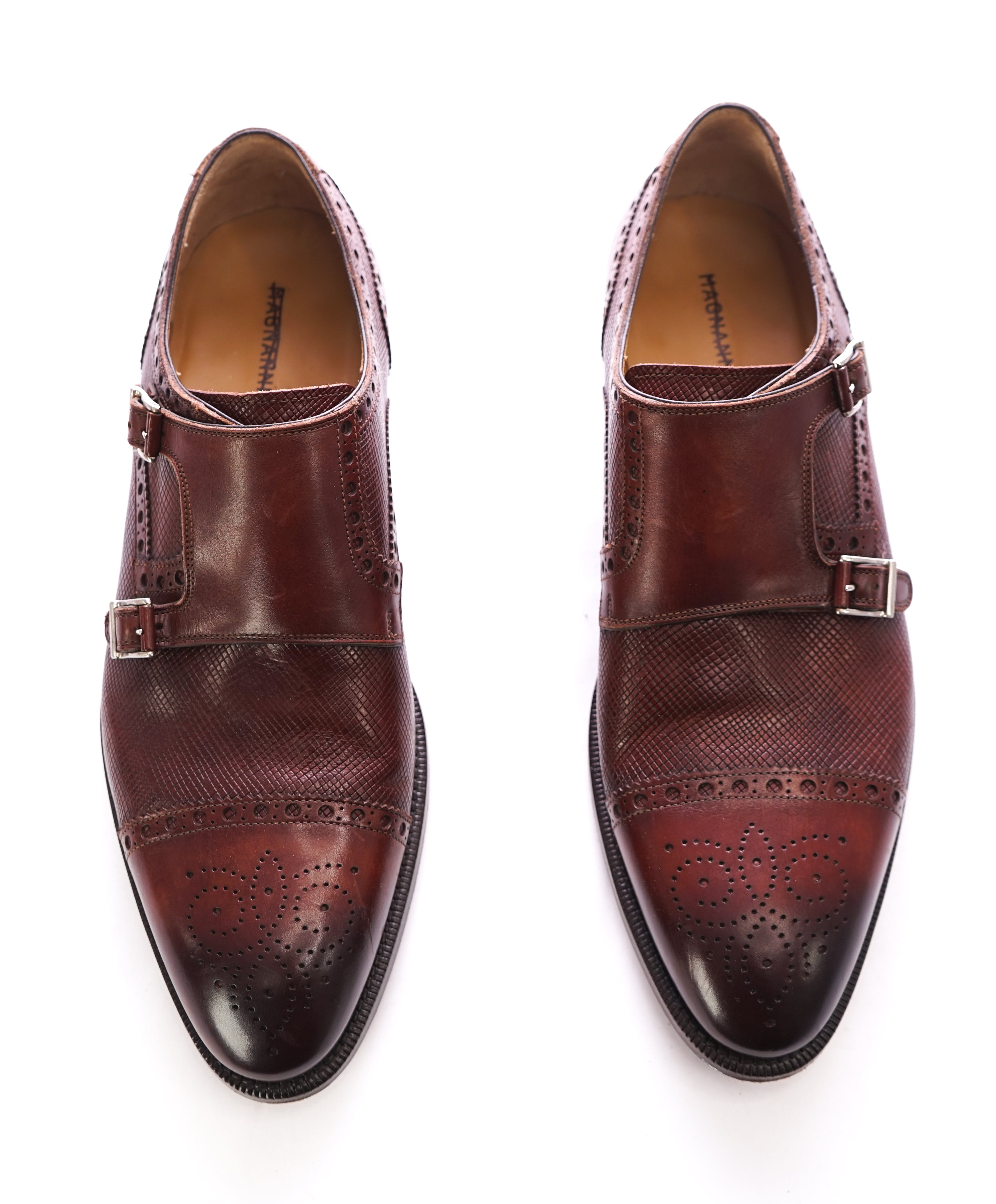 MAGNANNI - Textured Cap-Toe Brogue Brown Double Monk Strap Loafers -  10.5