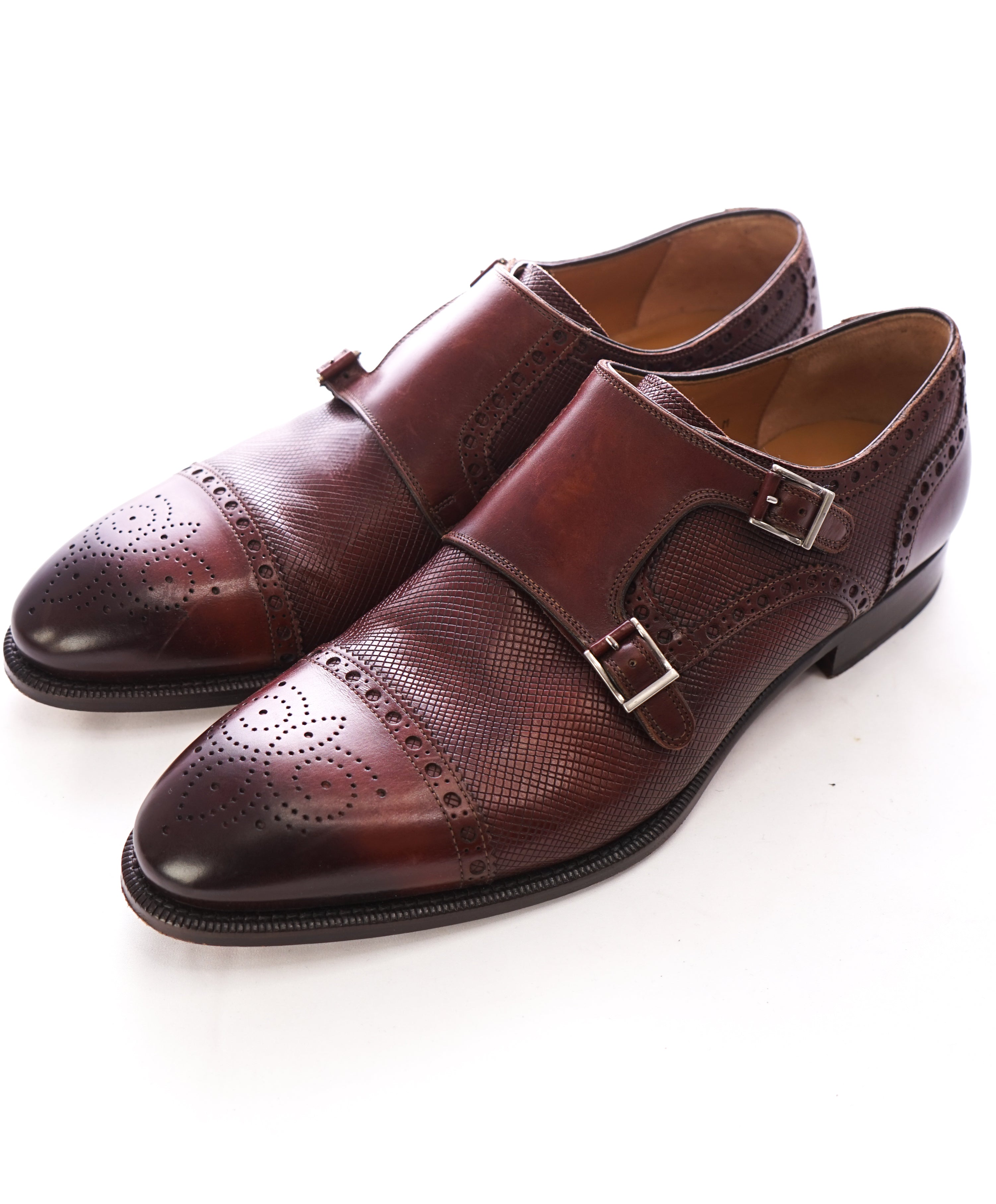 MAGNANNI - Textured Cap-Toe Brogue Brown Double Monk Strap Loafers -  10.5