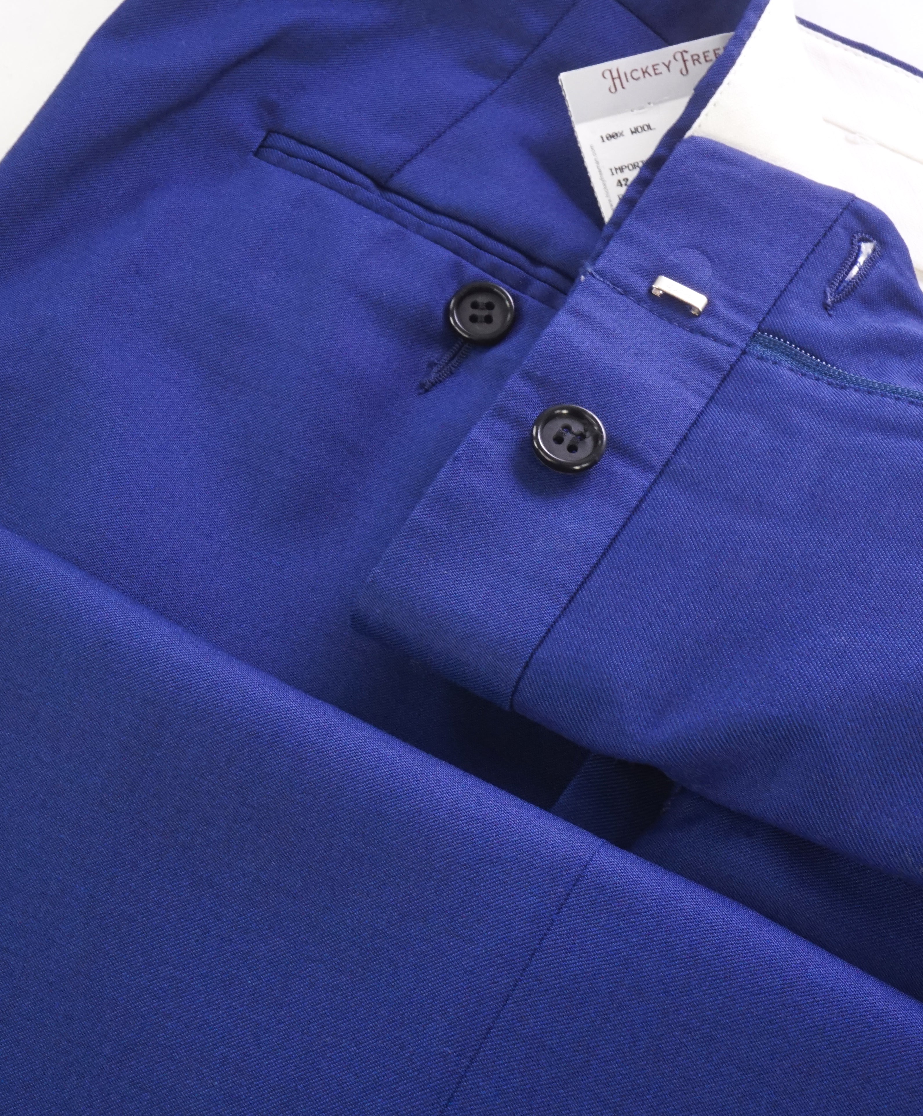 HICKEY FREEMAN - Cobalt Blue Solid Wool Flat Front Dress Pants - 35W