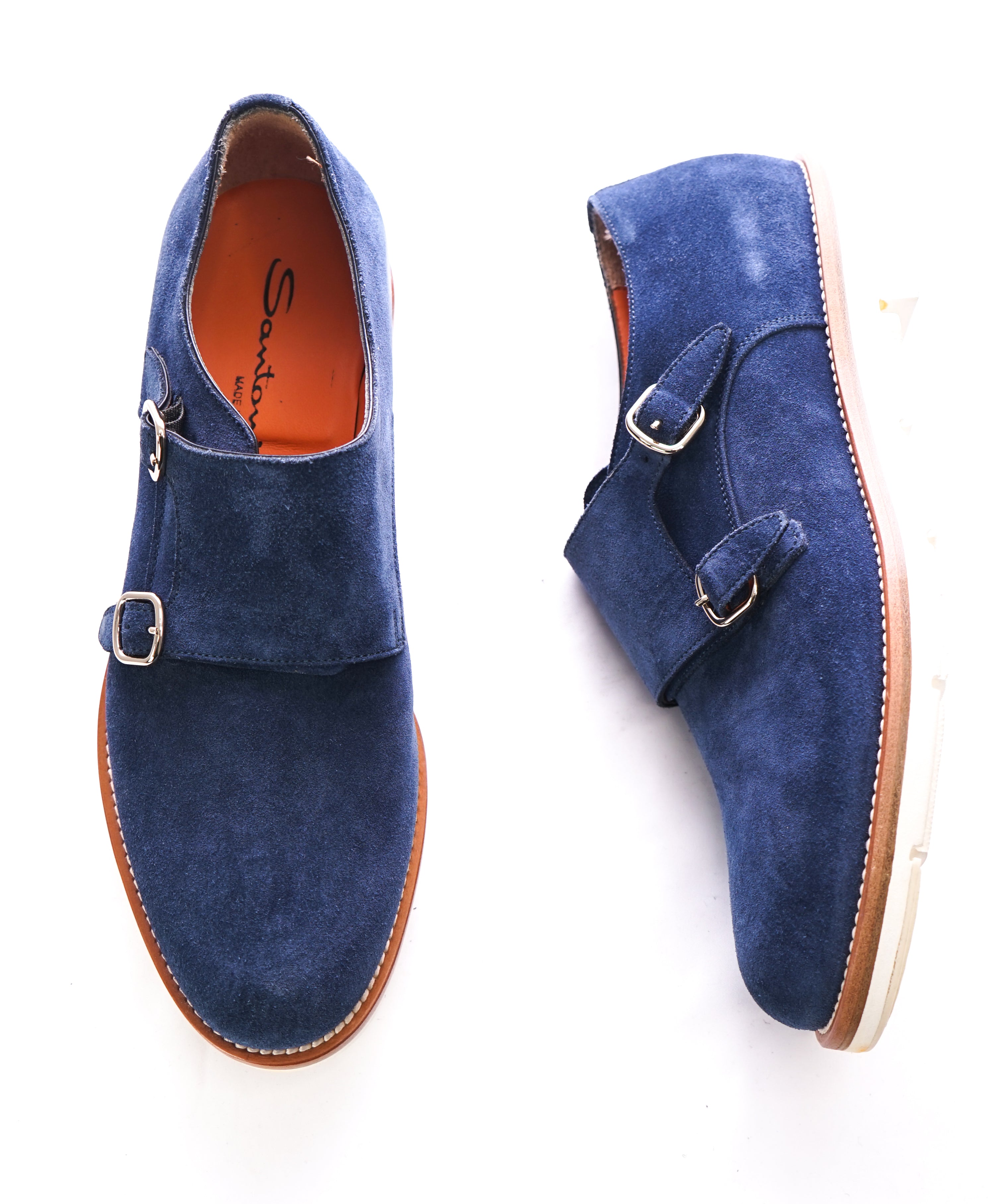 SANTONI - Powder Blue Suede Double Monk Strap Contrast Loafers - 9