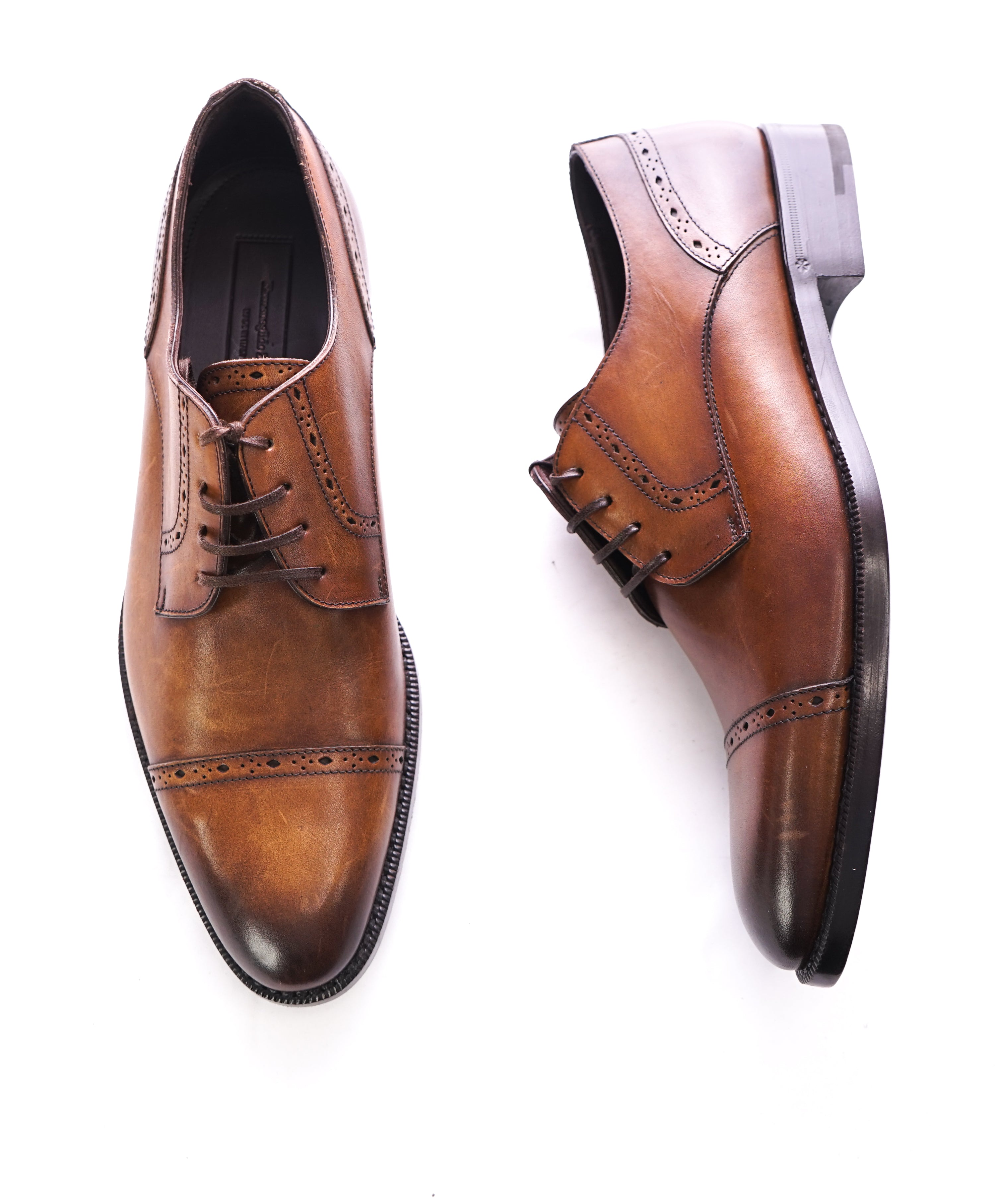 ERMENEGILDO ZEGNA - Brown Diamond Brogue Cap Toe Oxfords - 8.5