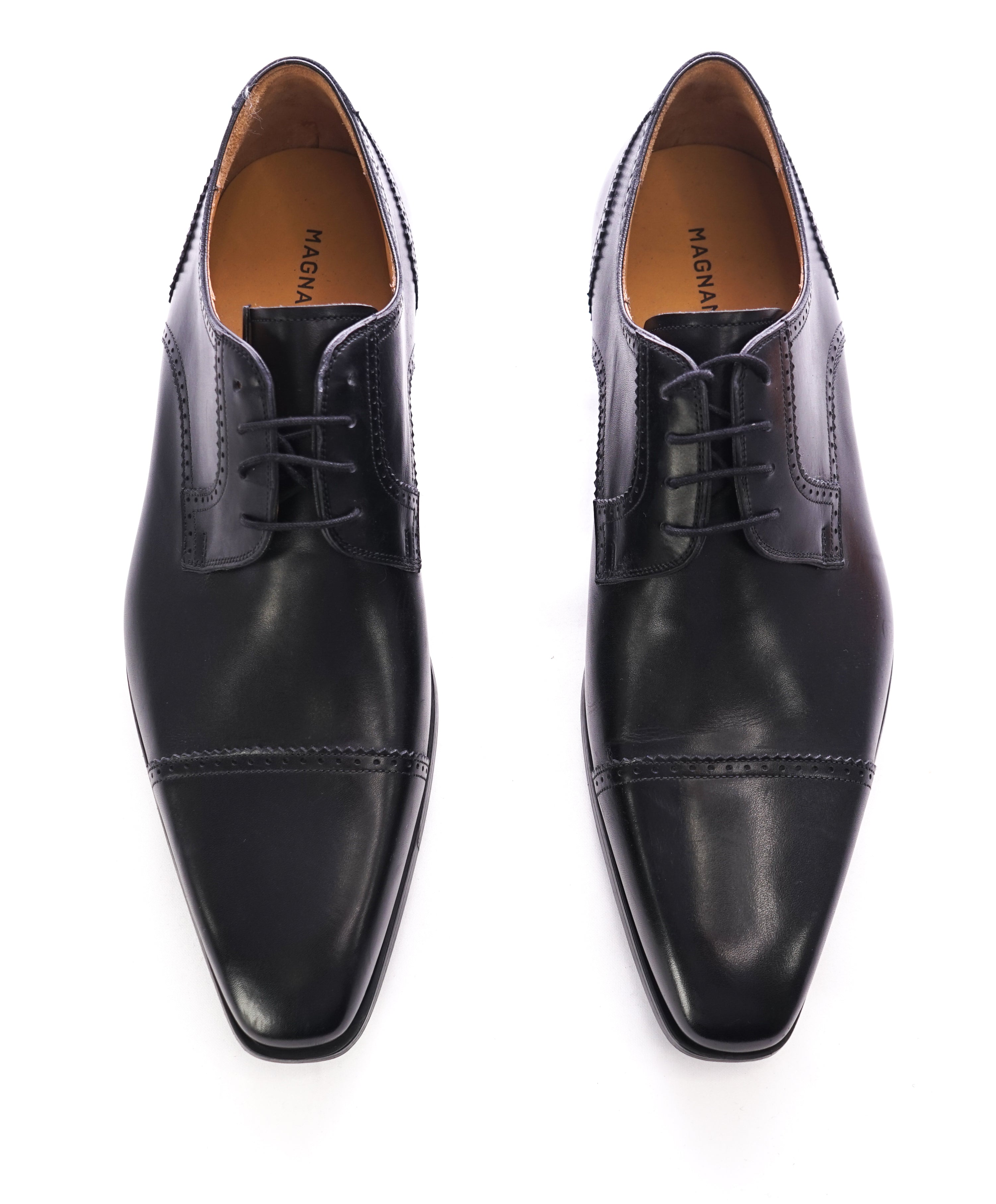 MAGNANNI - Slim Silhouette Detailed Black Cap-Toe Oxfords -  9