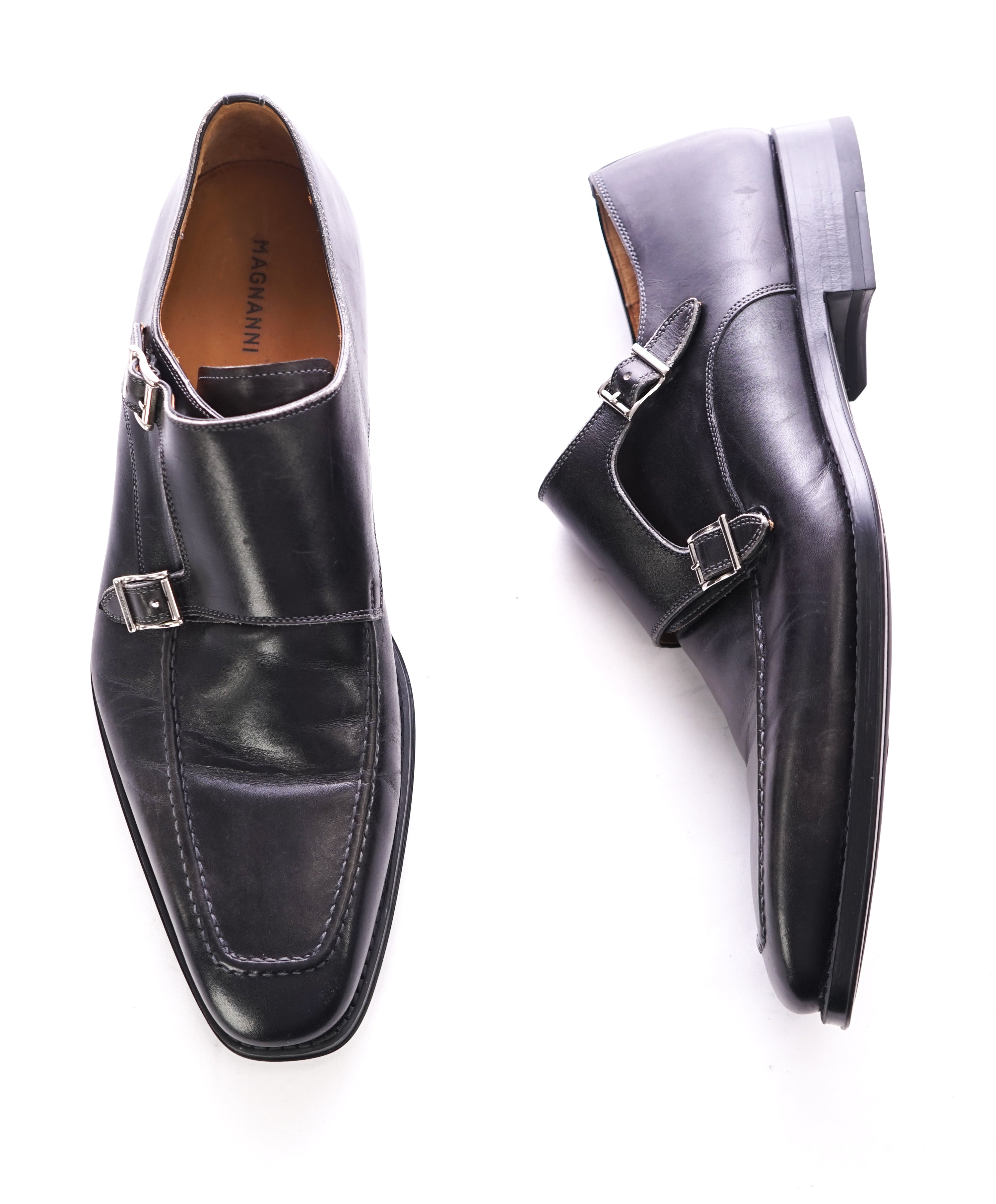 MAGNANNI - Double Monk Strap Loafers Black Durable Rubber Sole - 11