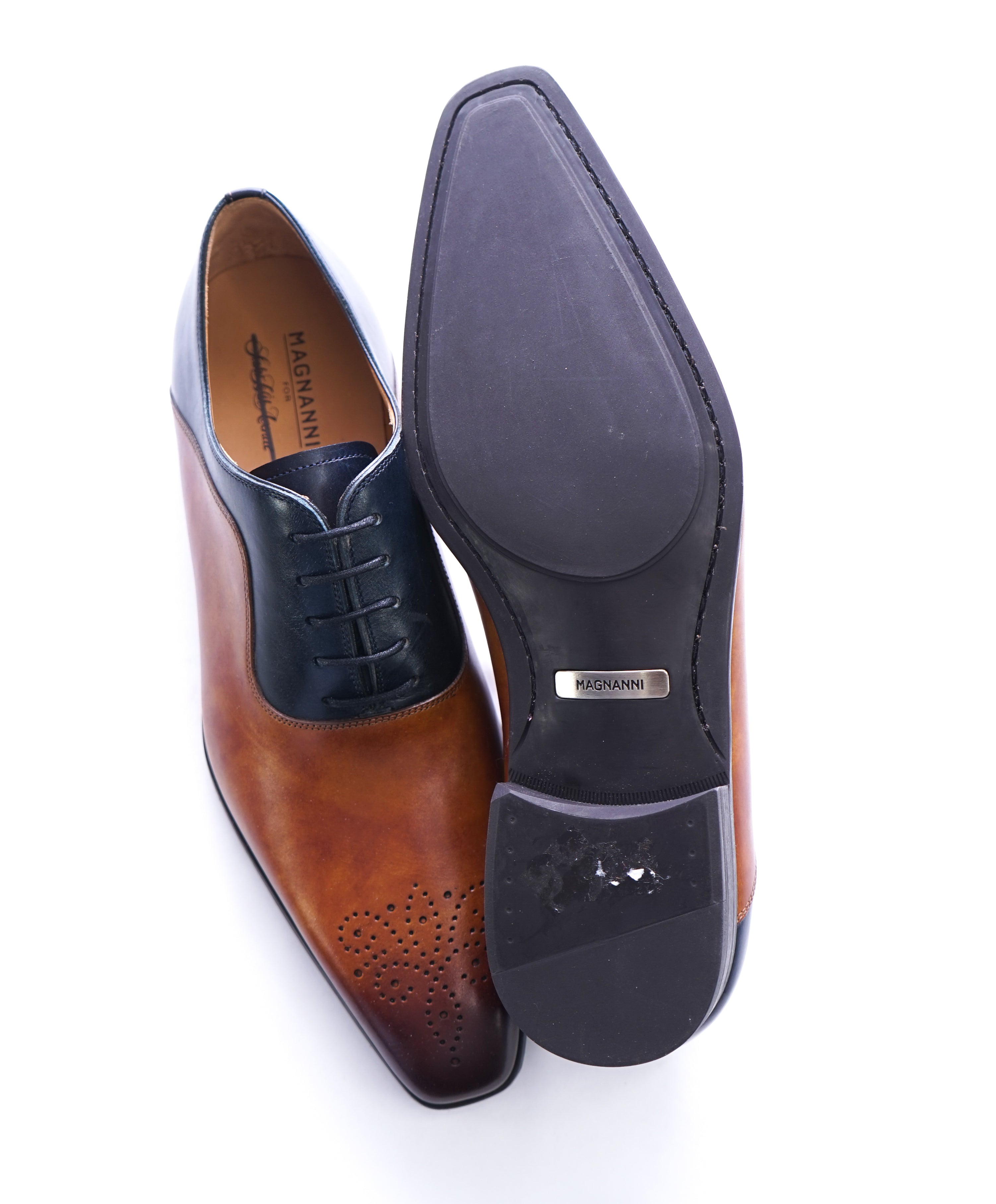 MAGNANNI - Slim Silhouette Detailed Brown & Navy Bi-Color Oxfords -  8