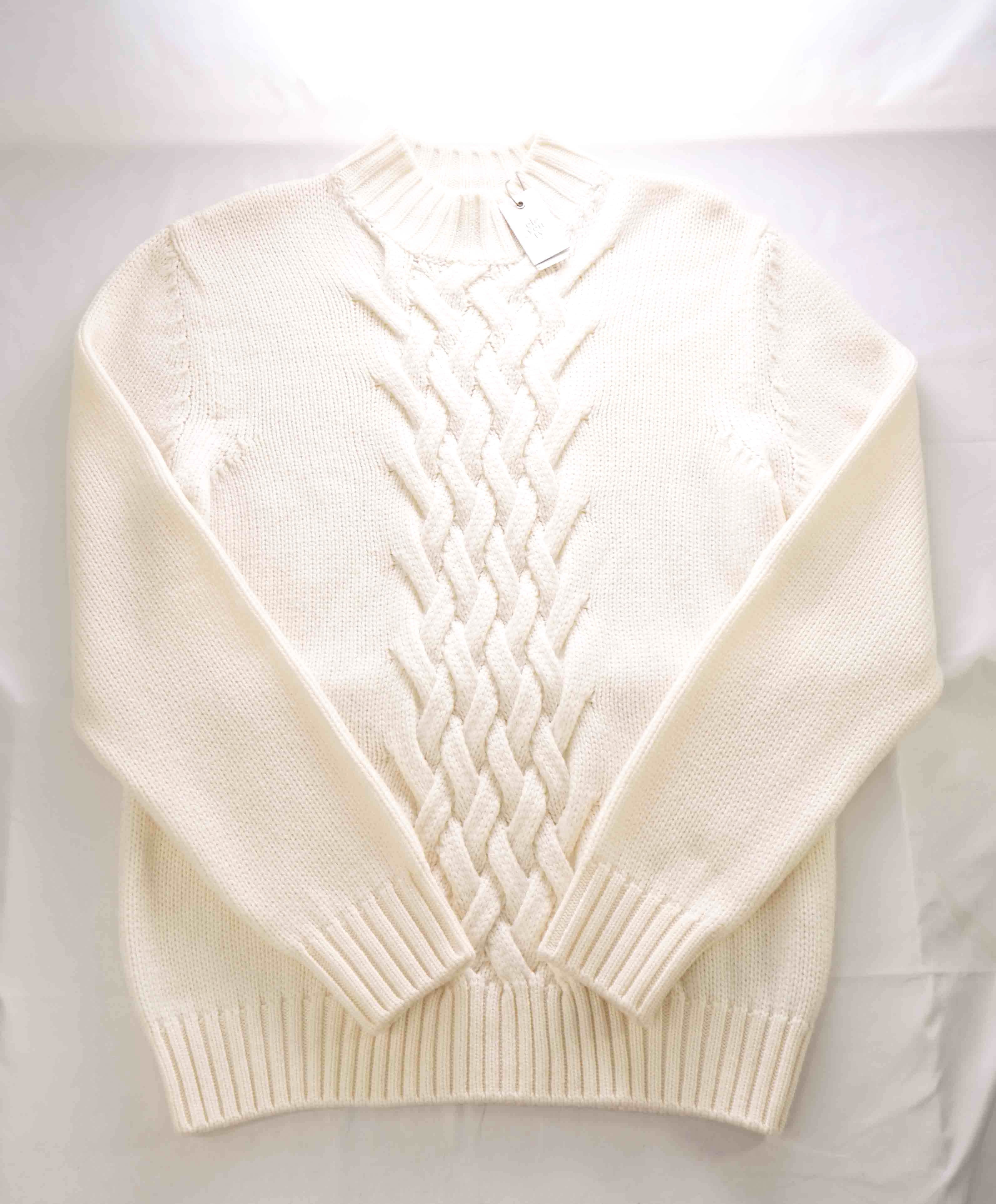 $695 ELEVENTY - Cable Knit Mock Neck Ivory Pure Wool Sweater - M