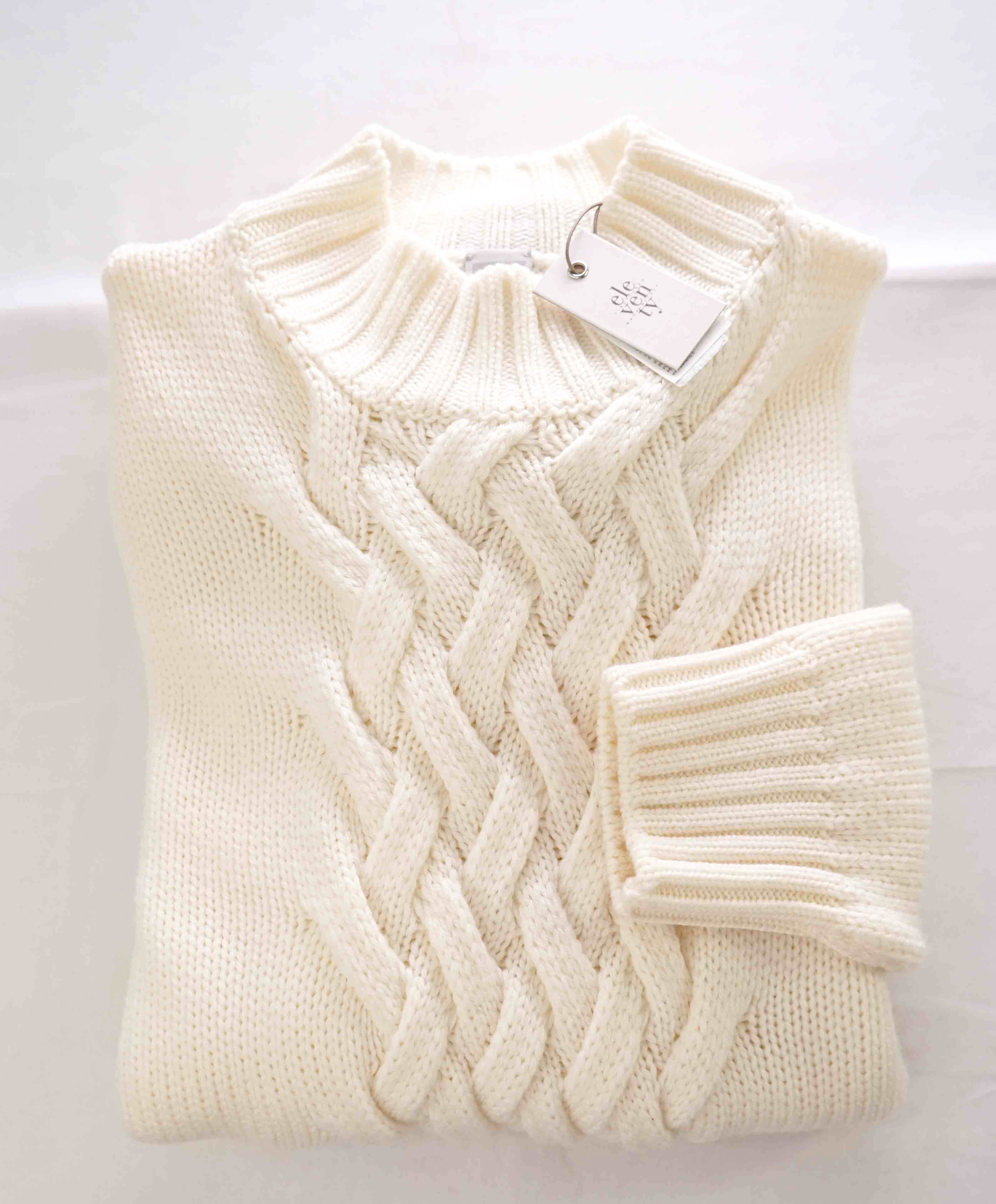 $695 ELEVENTY - Cable Knit Mock Neck Ivory Pure Wool Sweater - M