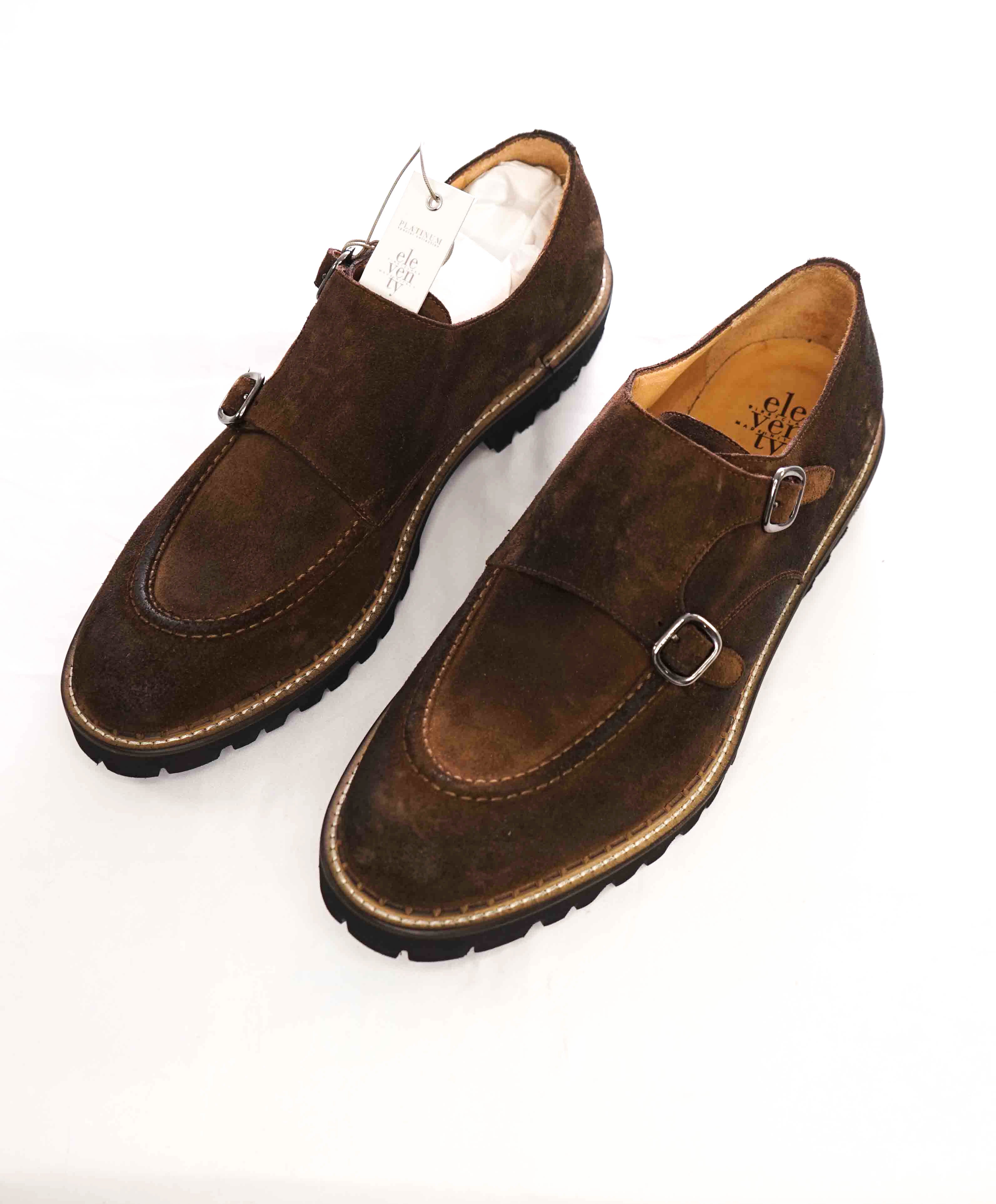 $795 ELEVENTY - Brown Monk Strap Loafers Distressed Brown Suede - 12 US (45EU)