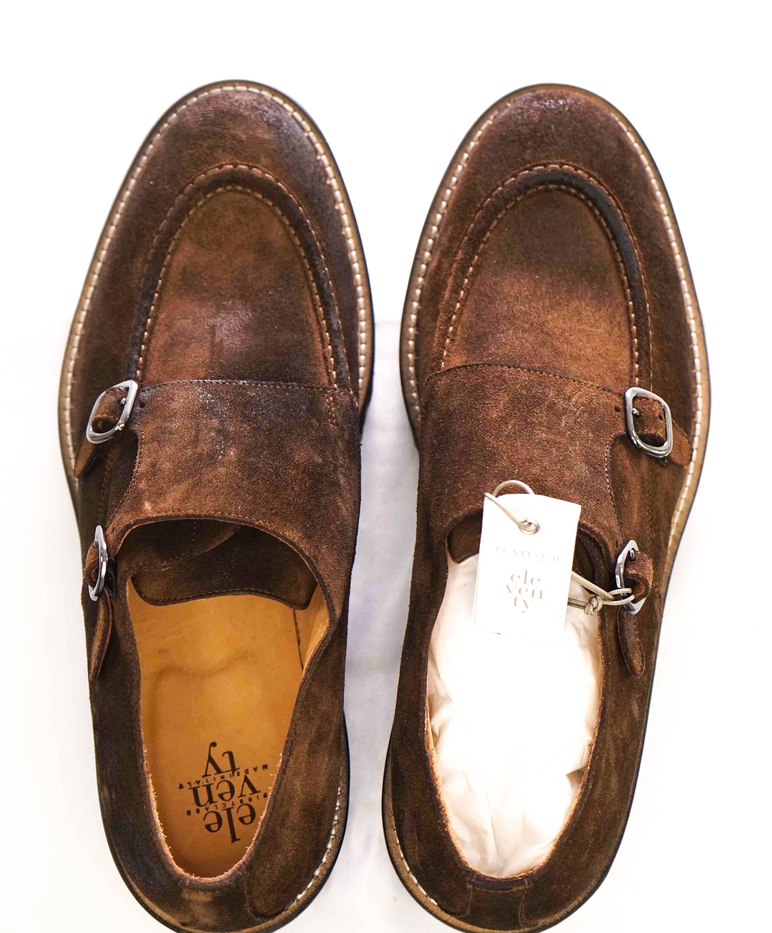 $795 ELEVENTY - Brown Monk Strap Loafers Distressed Brown Suede - 12 US (45EU)