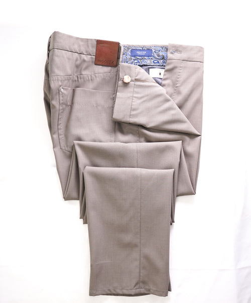 INCOTEX - "Modern Fit" Leather Logo Tag 5-Pocket Wool Taupe Pants - 38W