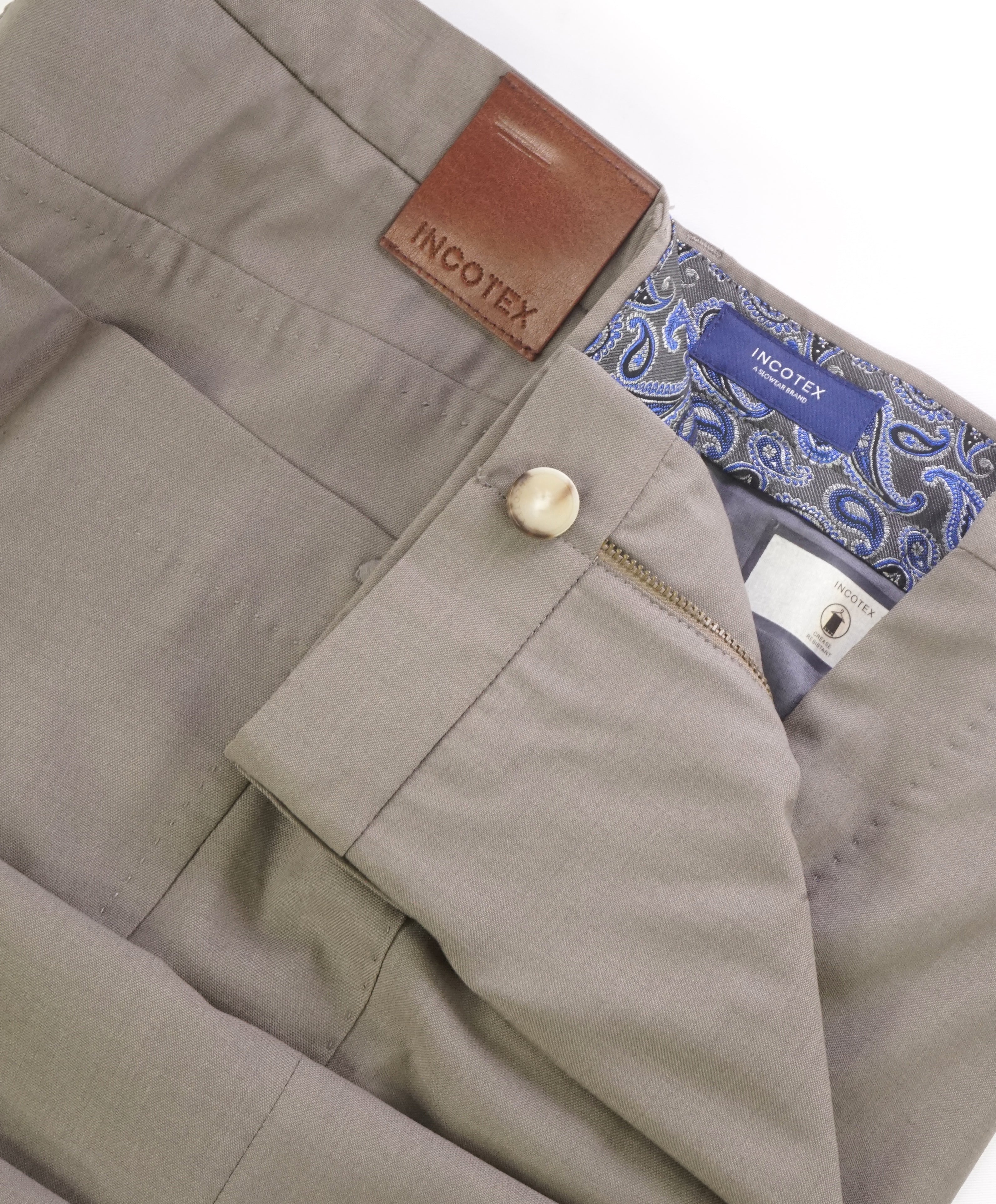 INCOTEX - "Modern Fit" Leather Logo Tag 5-Pocket Wool Taupe Pants - 38W