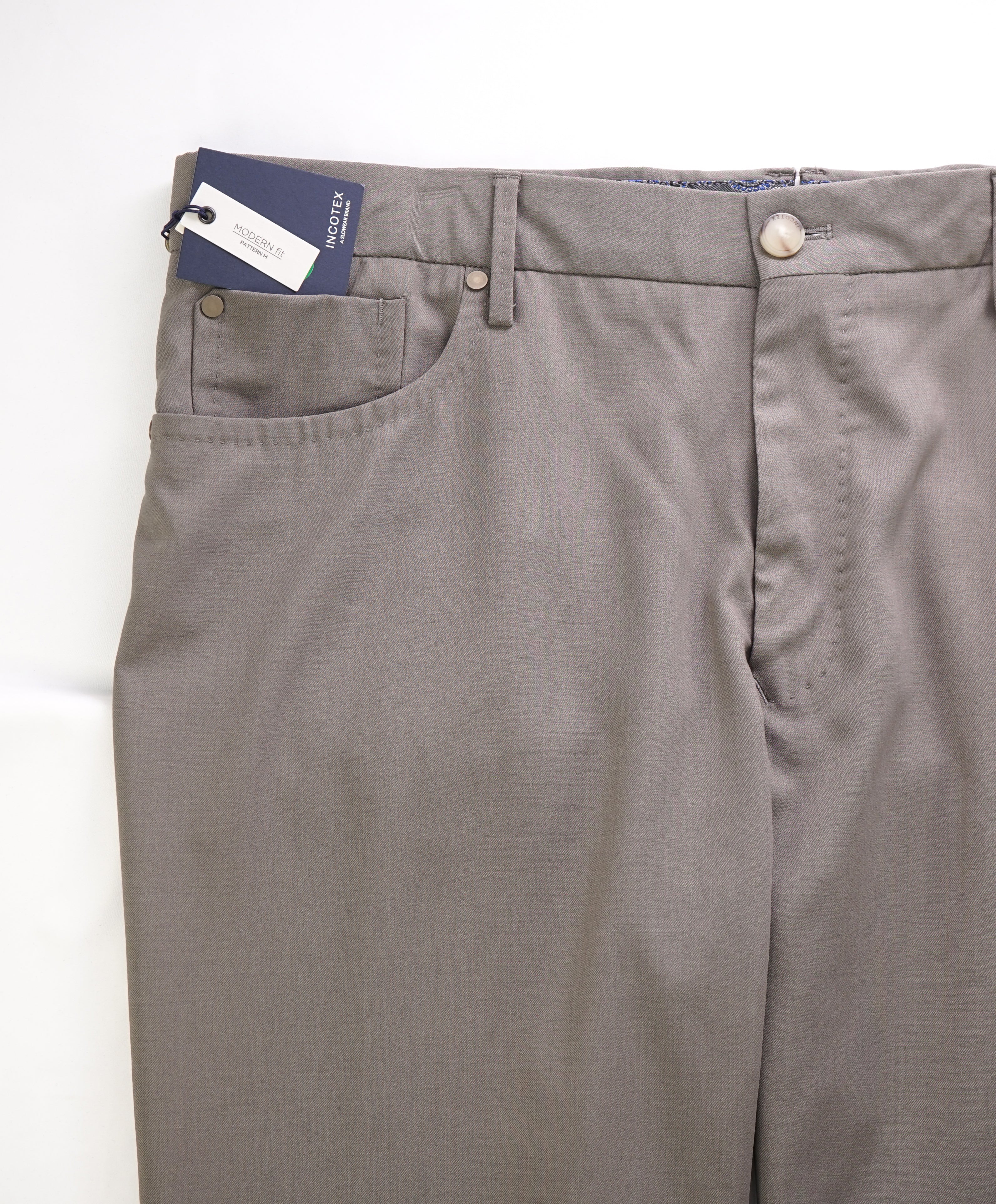 INCOTEX - "Modern Fit" Leather Logo Tag 5-Pocket Wool Taupe Pants - 38W