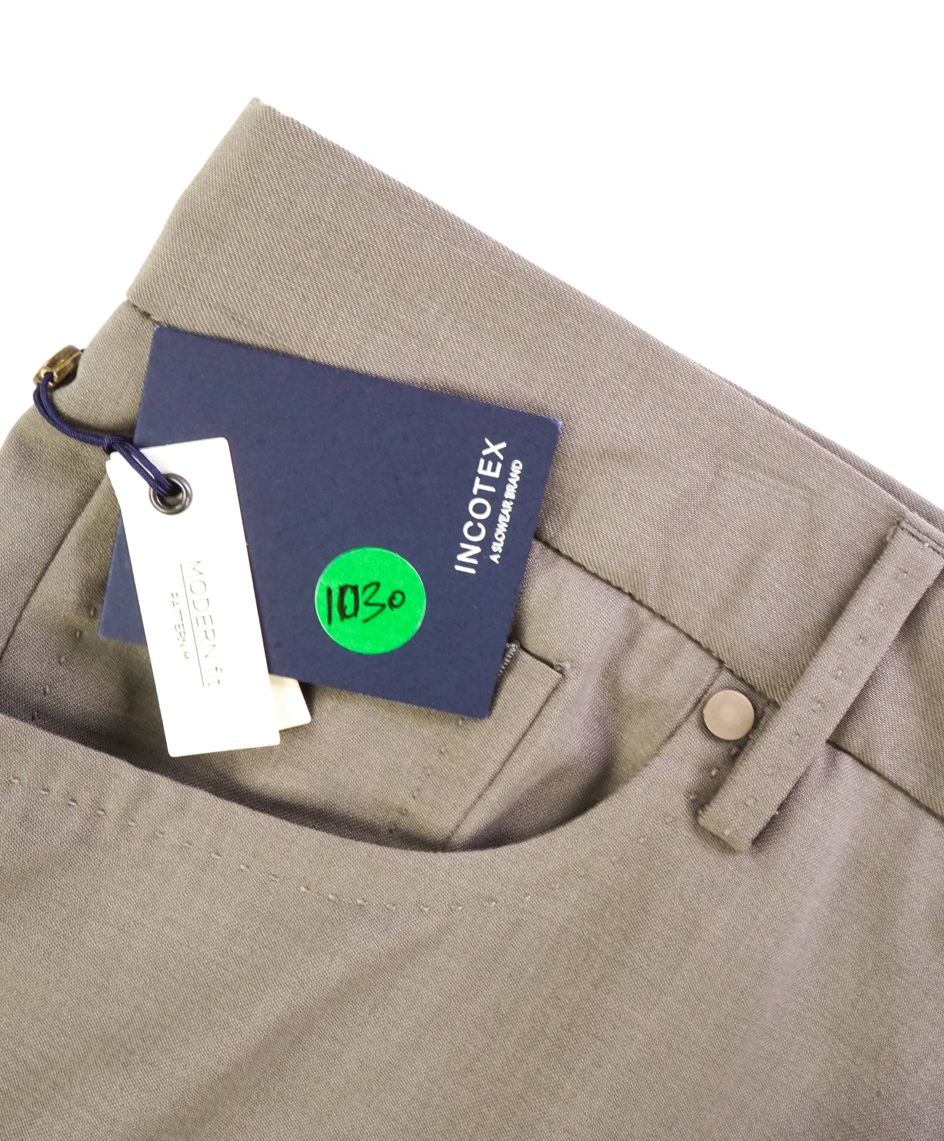 INCOTEX - "Modern Fit" Leather Logo Tag 5-Pocket Wool Taupe Pants - 38W